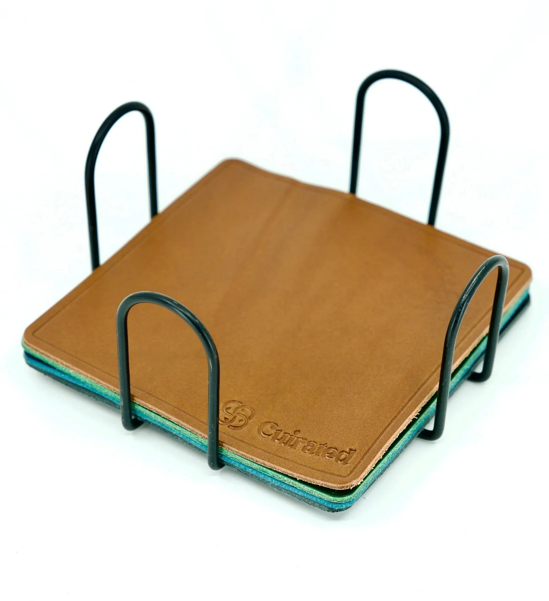 Set of Italian leather coasters with metal stand referral reward