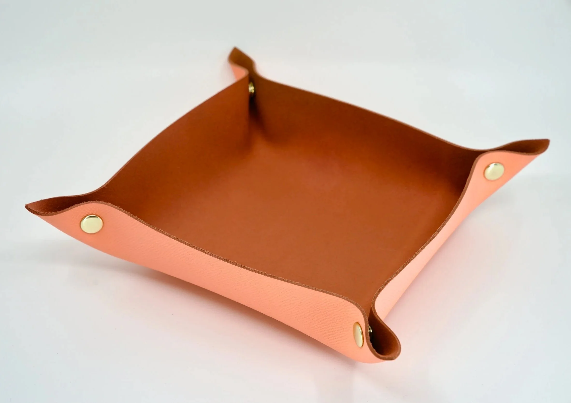 Handcrafted leather valet tray with solid brass snap closures