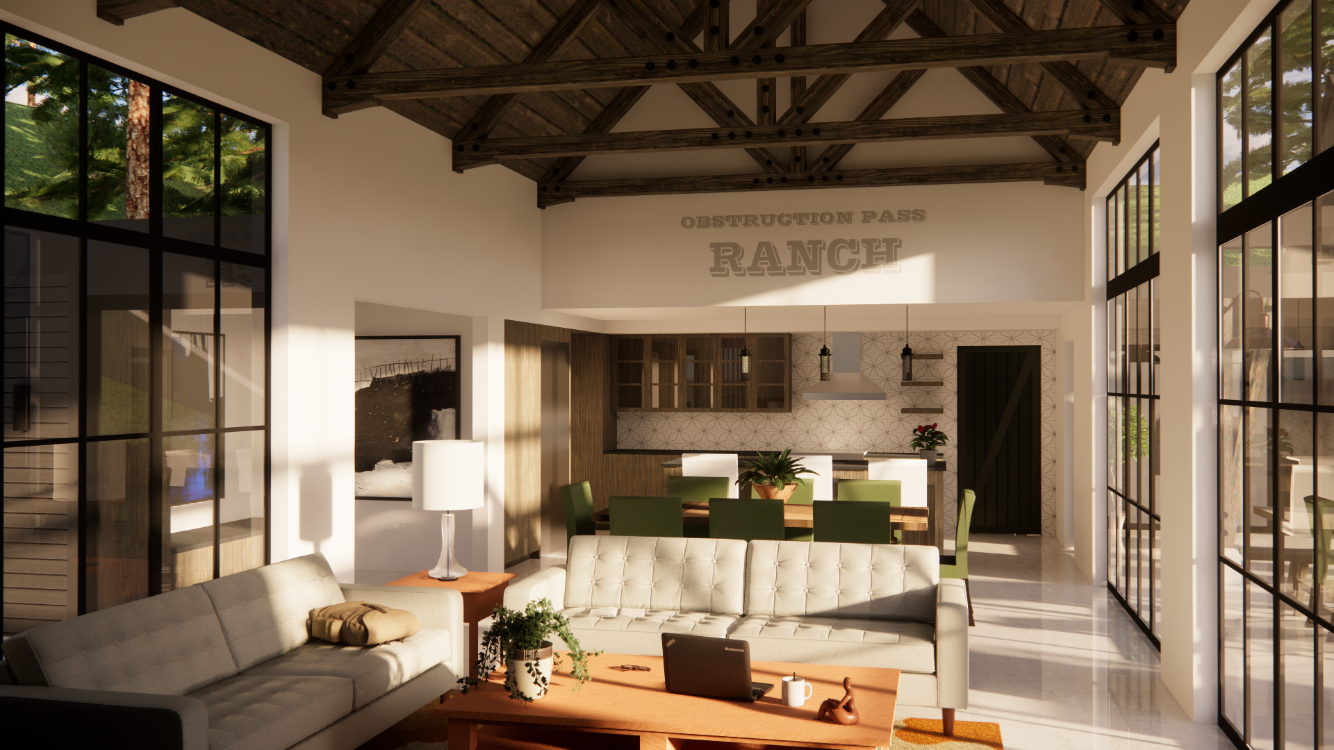 Interior of a modern living space with large windows, a cozy seating area, and a view of a kitchen and dining area