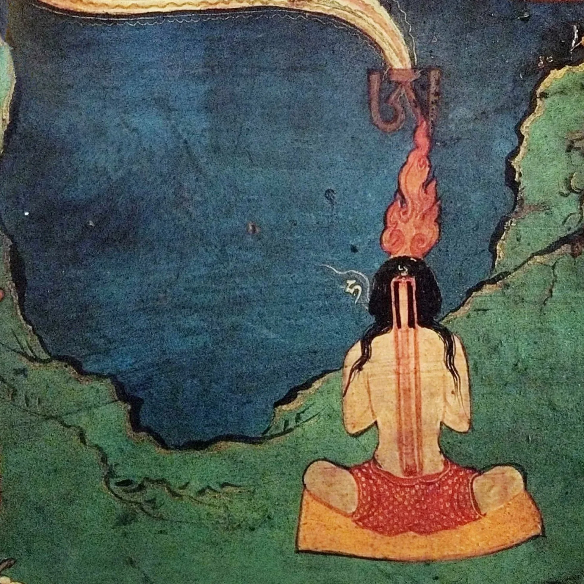 Close-up of an old painting featuring a male yogi in a red dress with a dark blue background, dark hair, with green arround him. His main subtle channels are depicted. A flame burns on top of his crown, and above it the tibetan Om.
