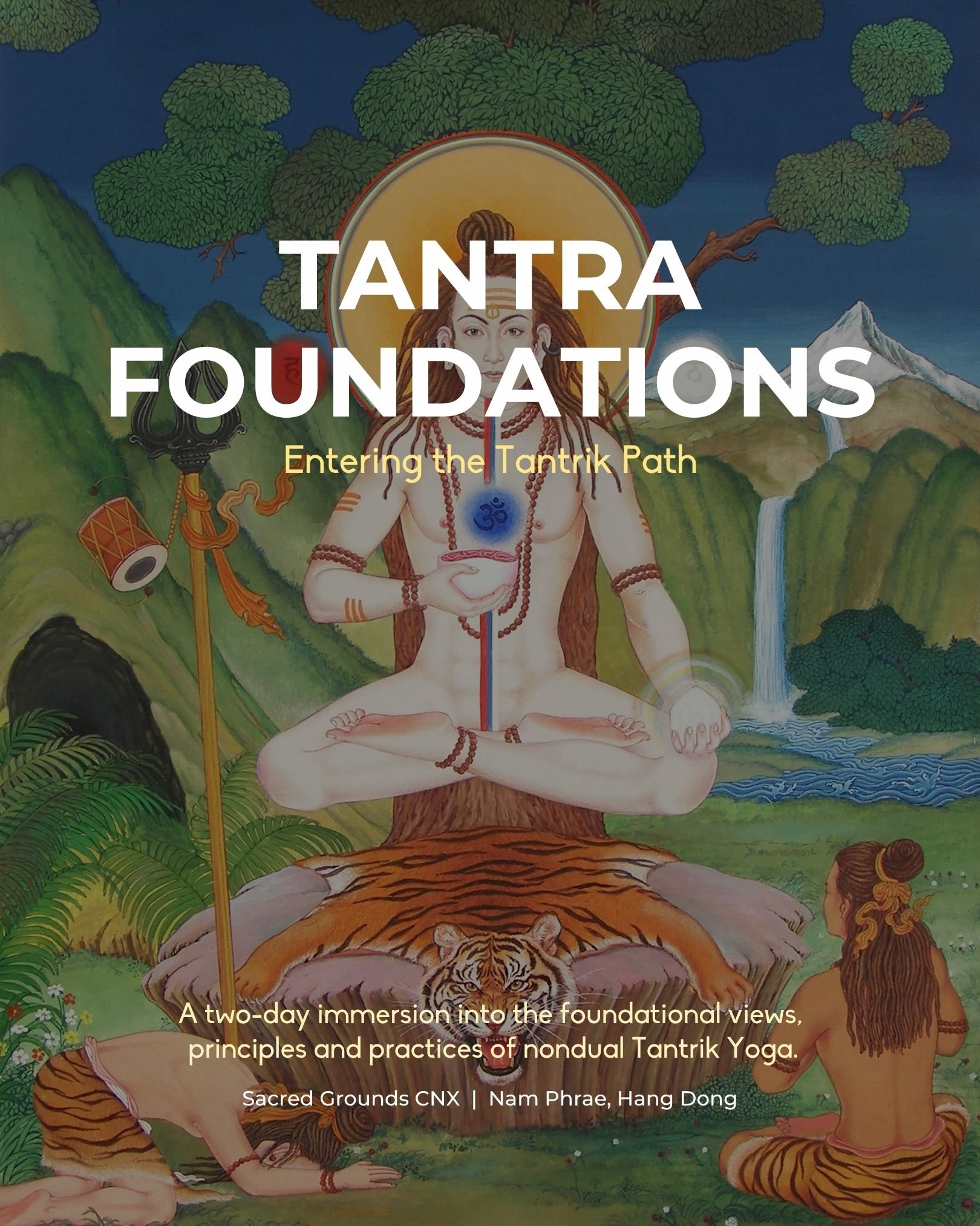 A traditional painting depicting a spiritual scene with a meditating figure sitting on a tiger, with a woman and a man in a lush, mountainous landscape with waterfalls, trees, and mountains in the background, surrounded by nature.