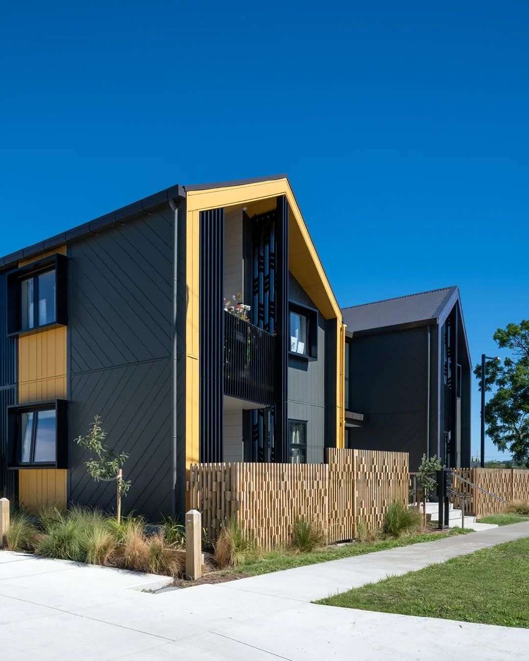 Bledisloe Housing ____

More than a social housing development, this community brings together timber-built apartments and shared spaces enriched with kōwhaiwhai patterning, pāua-inspired tones, native planting and productive food gardens. Combined, 