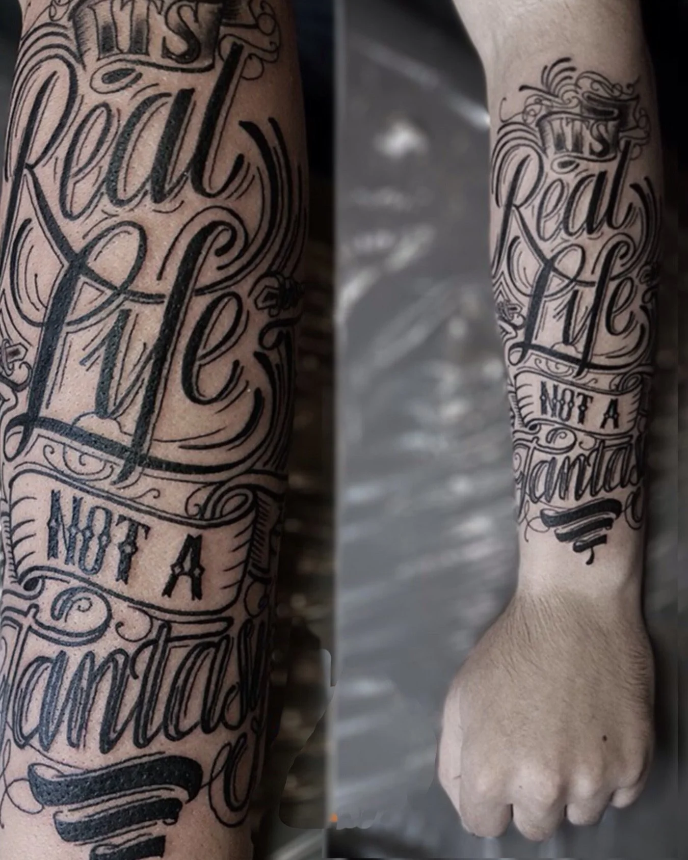 It’s Real life, not a fantasy…. Unfortunately😅
#amsterdamtattoo 
#vldrtattoo
#letteringtattoo