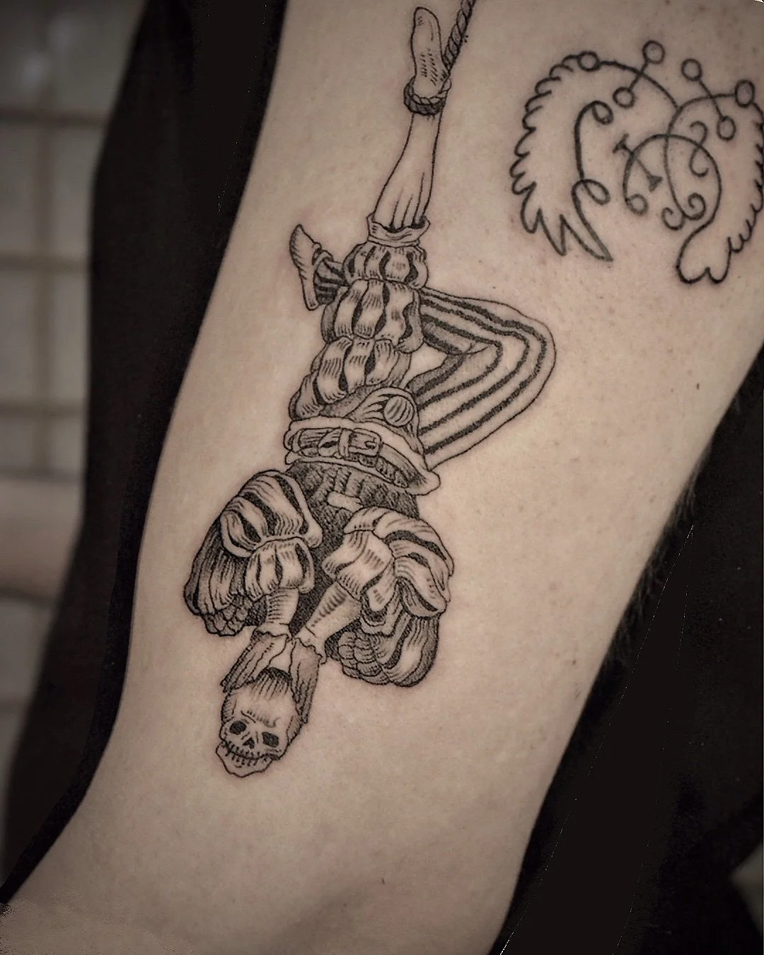 HANGED MAN 💀
kinda mystical stuff happens: 
as soon as I draw the design with devil hand hold’s a tarot card - this guy appears from nowhere without any appointment and makes few tarot and demon signs for a few days in a row and disappears, as