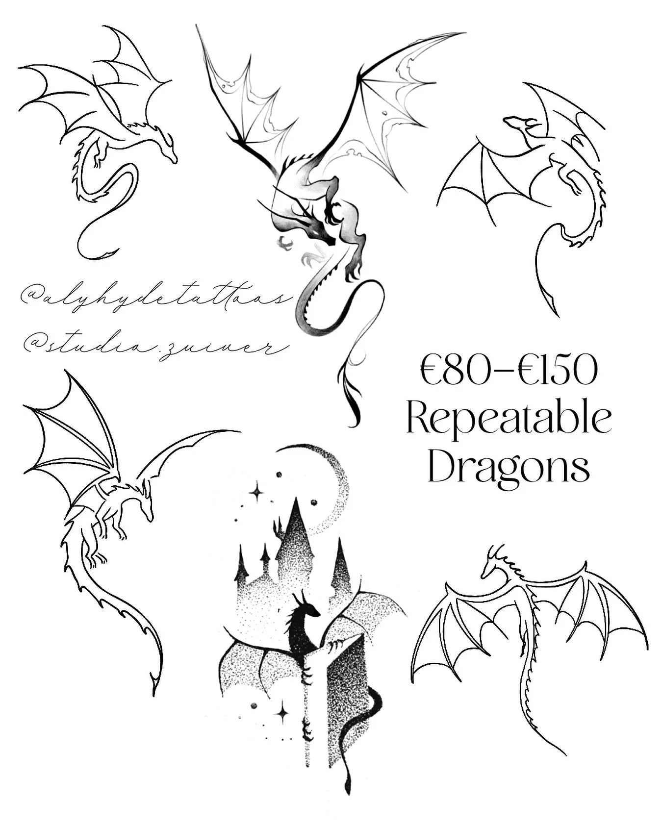 I have time to tattoo through the rest of 2025 @studio.zuiver and I&rsquo;d love to create some little dragons or other fantasy inspired pieces! 

I&rsquo;m offering these dragons at a discounted price (with shading not just linework) &euro;80-&euro;