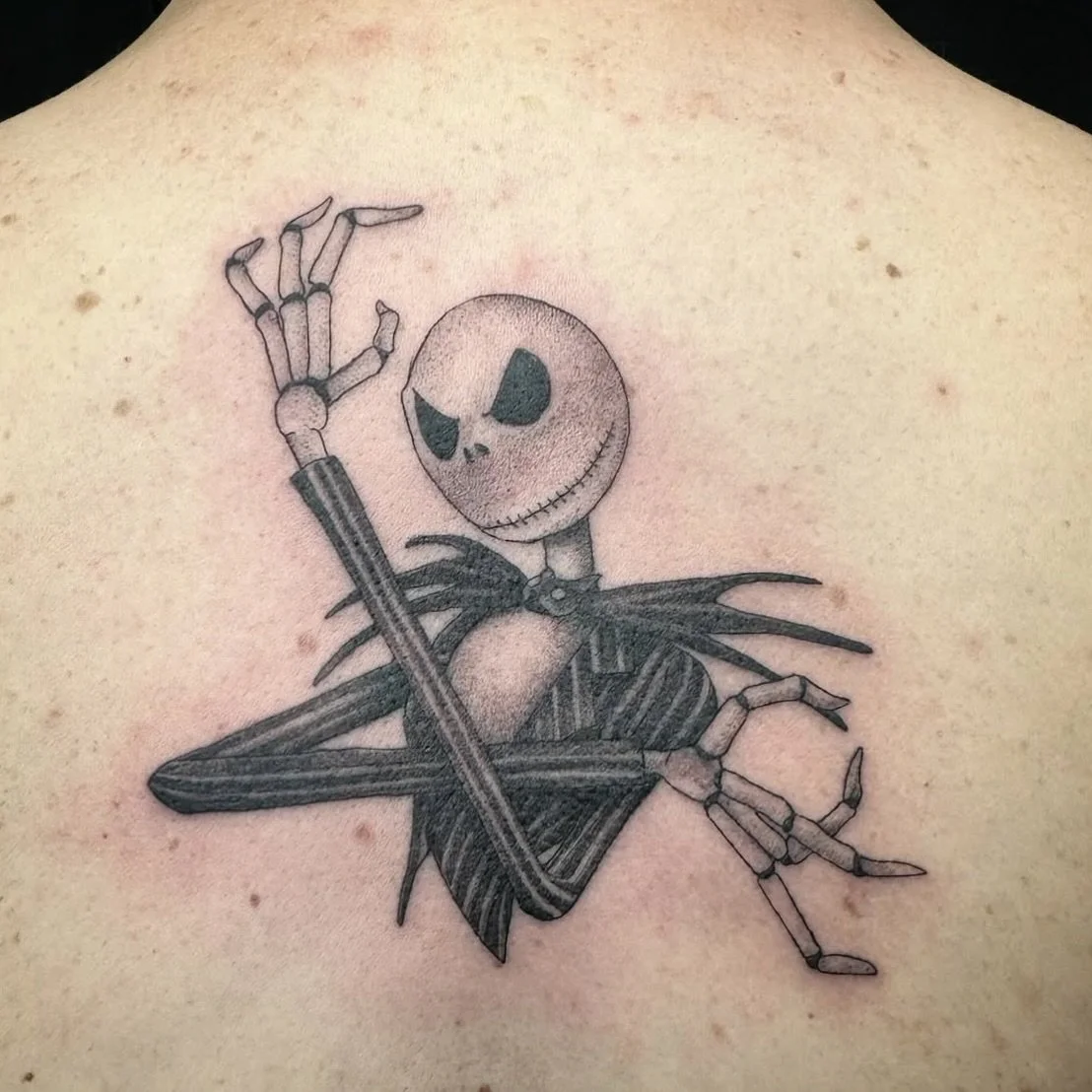 Jack Skellington 💀 

I&rsquo;m totally here for Disney tattoos! I love doing black and grey work like this, or full color! 

Booking December and January @studio.zuiver 

 @bishoprotary @vitalitreetattoo @saniderm @emalla.official @rawpigments @tatt