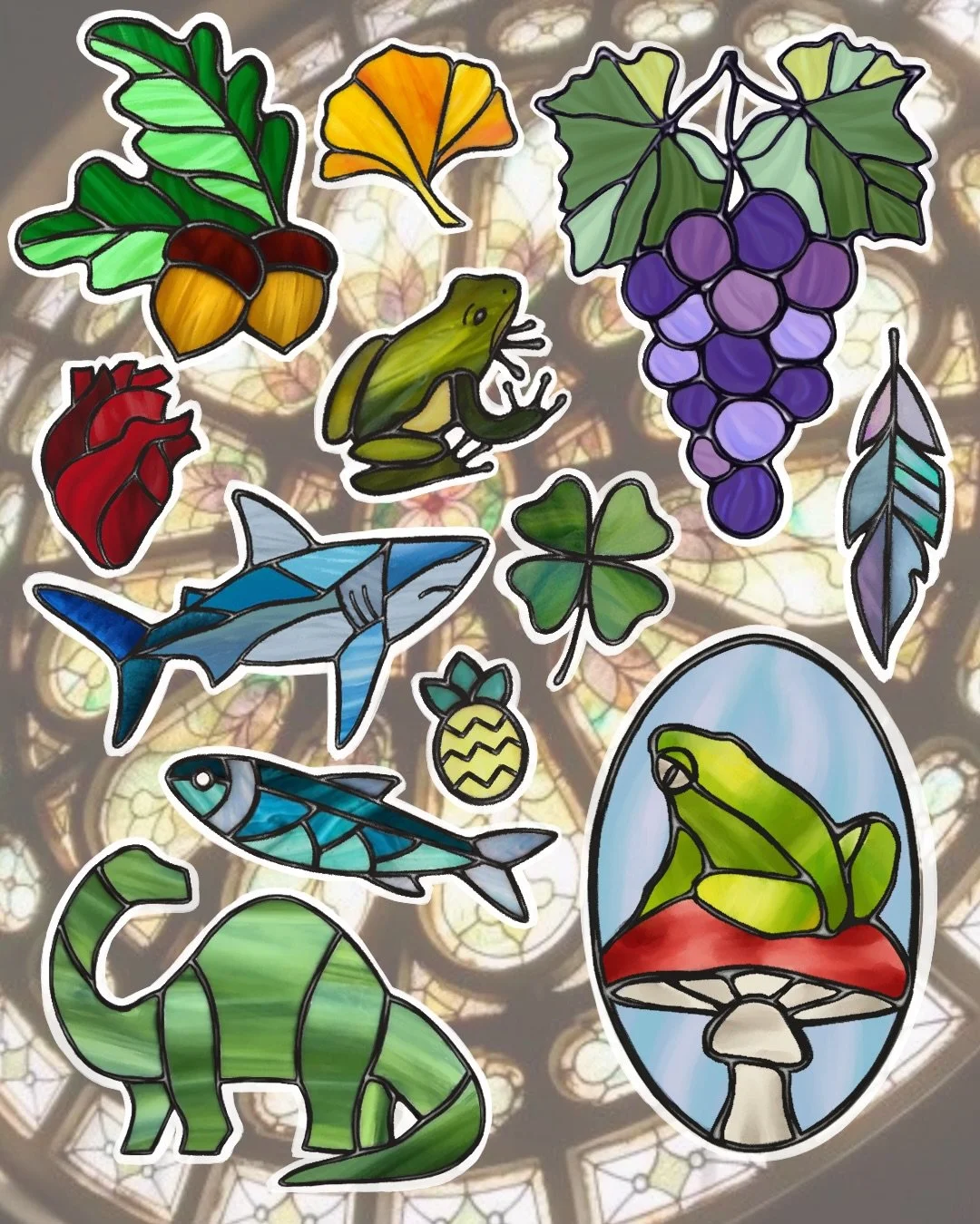 Since I had so much fun making the stained glass tulips I decided to expand and make a whole sheet of some cute stained glass pieces! 

These designs (and some of my tulips) are all available to be tattooed at almost any size! And are being offered a