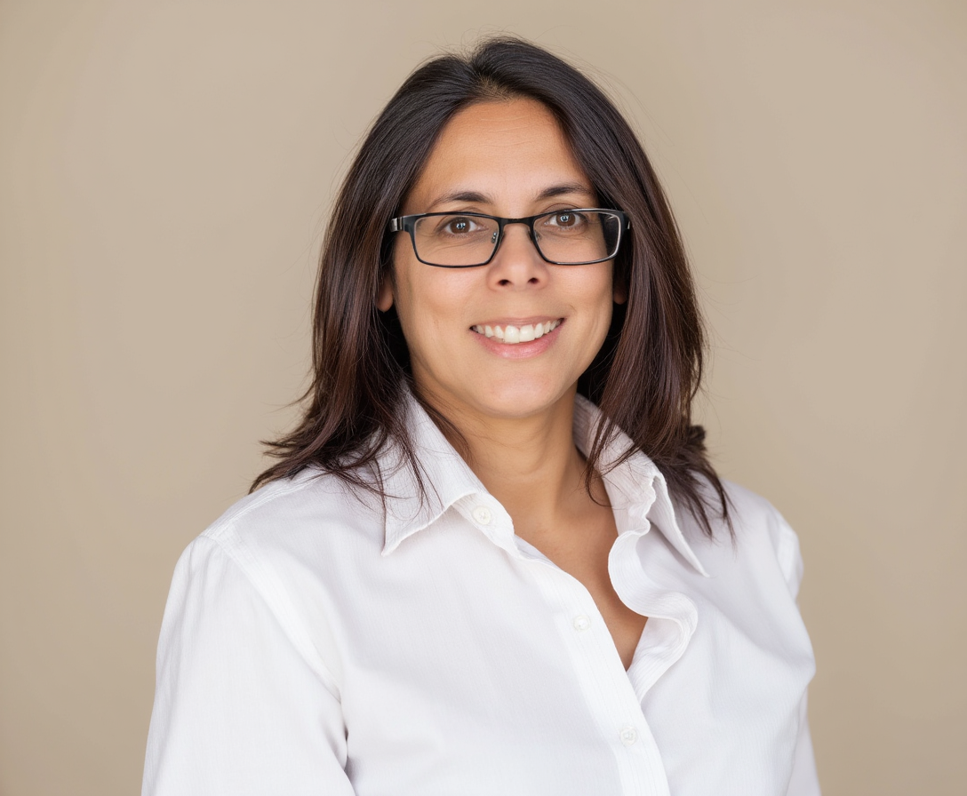 A woman with dark hair wearing glasses and a white collared shirt, smiling, against a beige background.