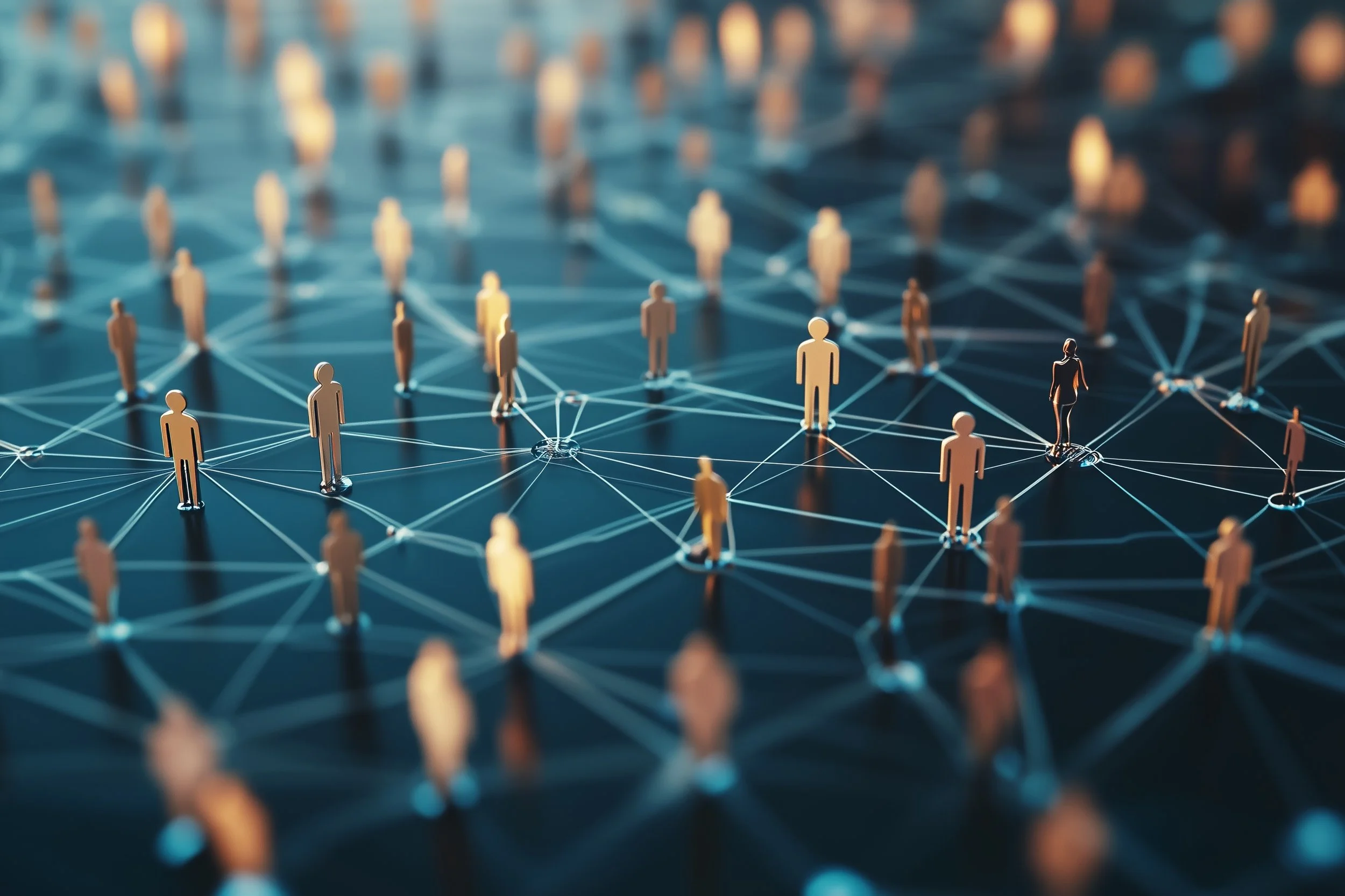 Digital illustration of a network with multiple human figures connected by lines, representing social or professional connections.