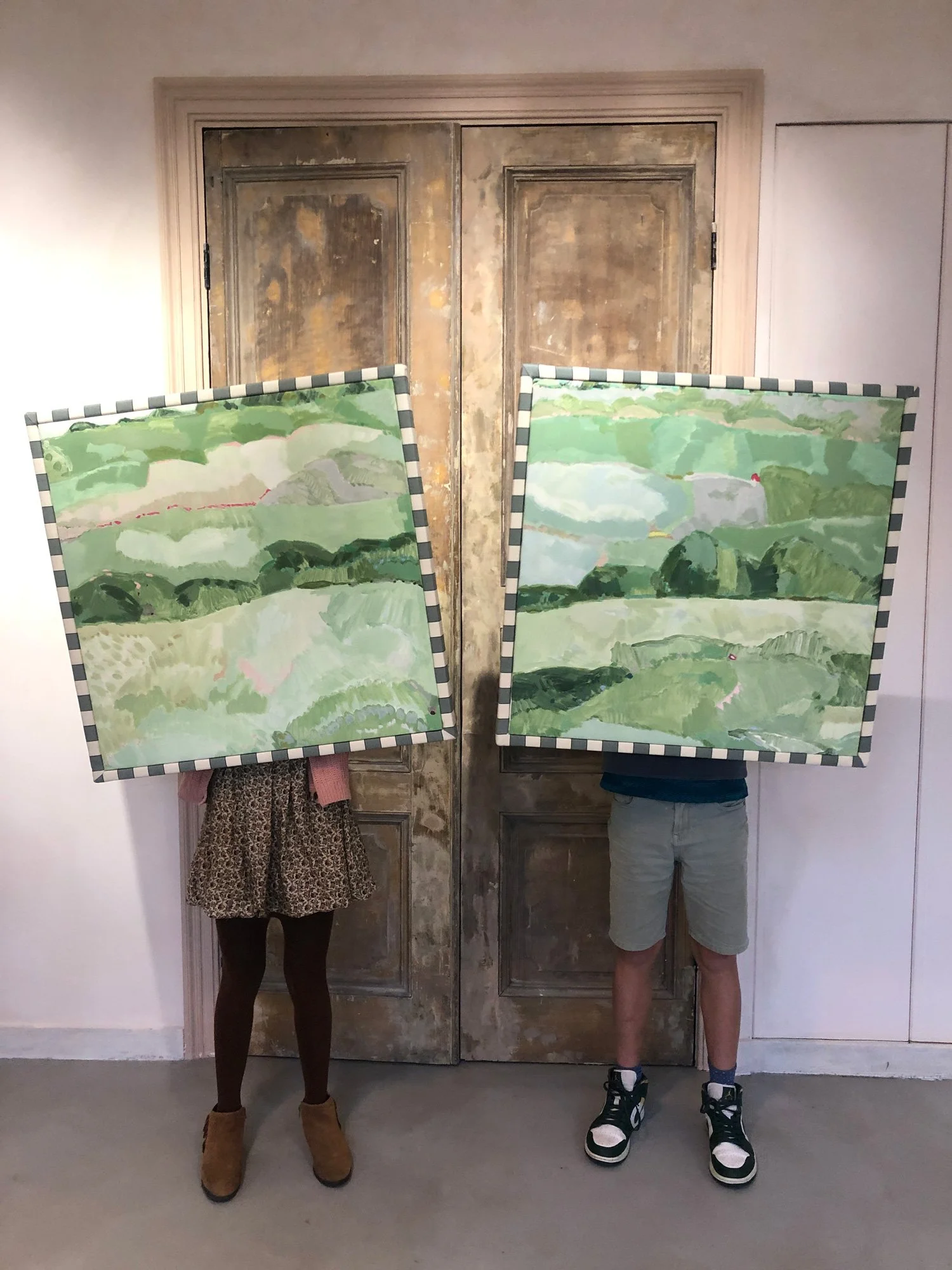 A pair of original paintings with fabric frames by Philippa Jeffrey