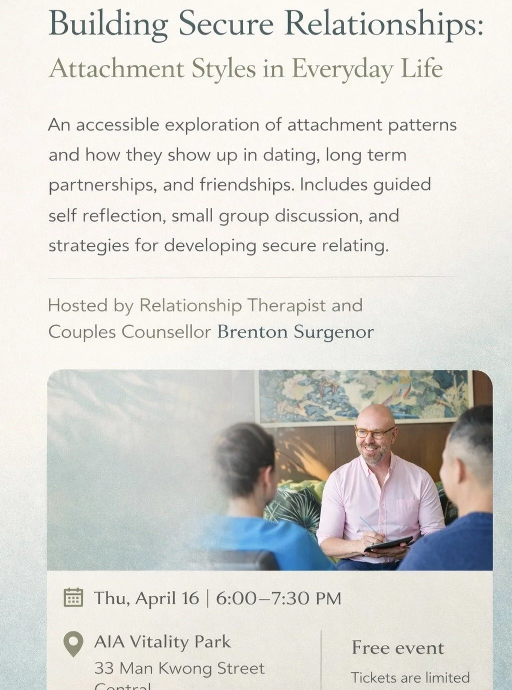 I&rsquo;m running a free workshop next week at the AIA Vitality Hub on attachment patterns - what they really are and how they show up in dating and long-term relationships. If you&rsquo;ve seen all the oversimplified posts on social media and want a