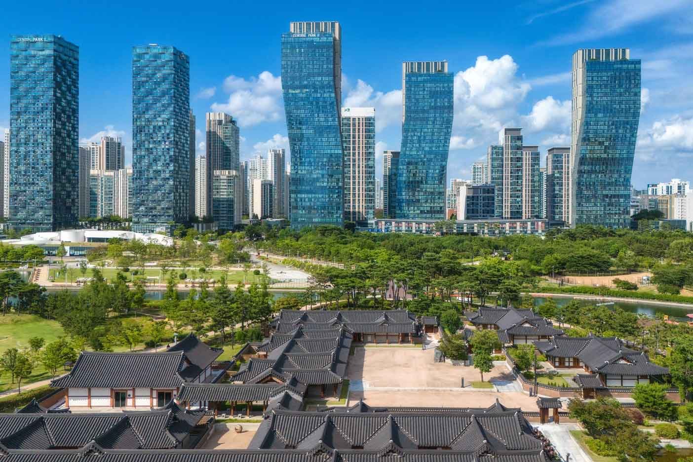 Stunning skyline view from Songdo Central Park in Incheon