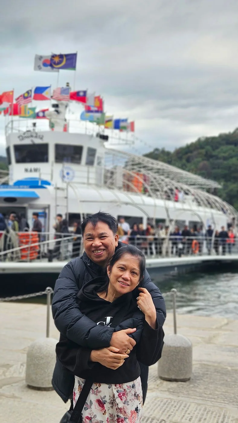 Filipino travelers enjoying scenic lake views and nature trails on Nami Island.