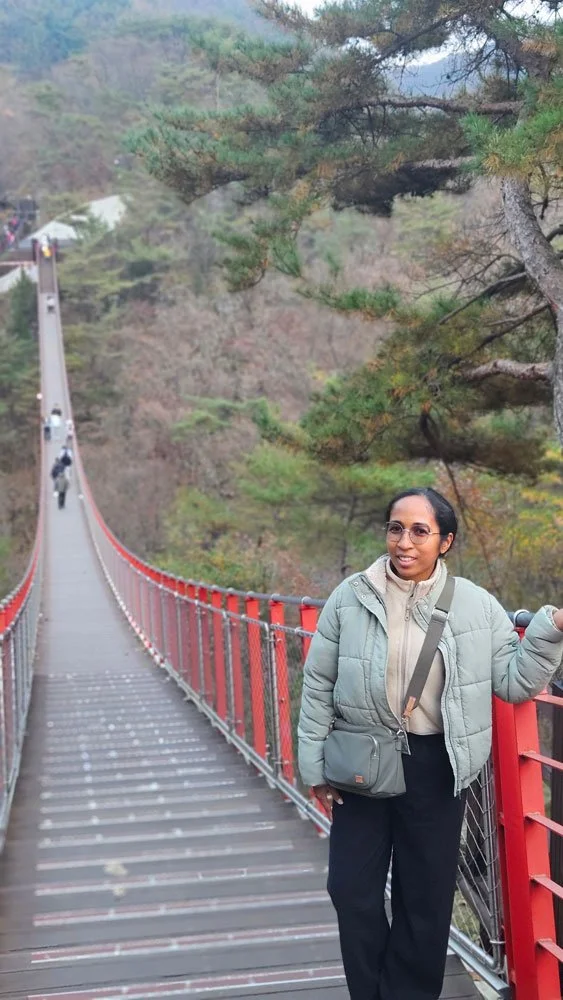 Gamaksan Mountain swinging bridge with Madagascar tourists, hiking experience, aerial view, nature landscape photography