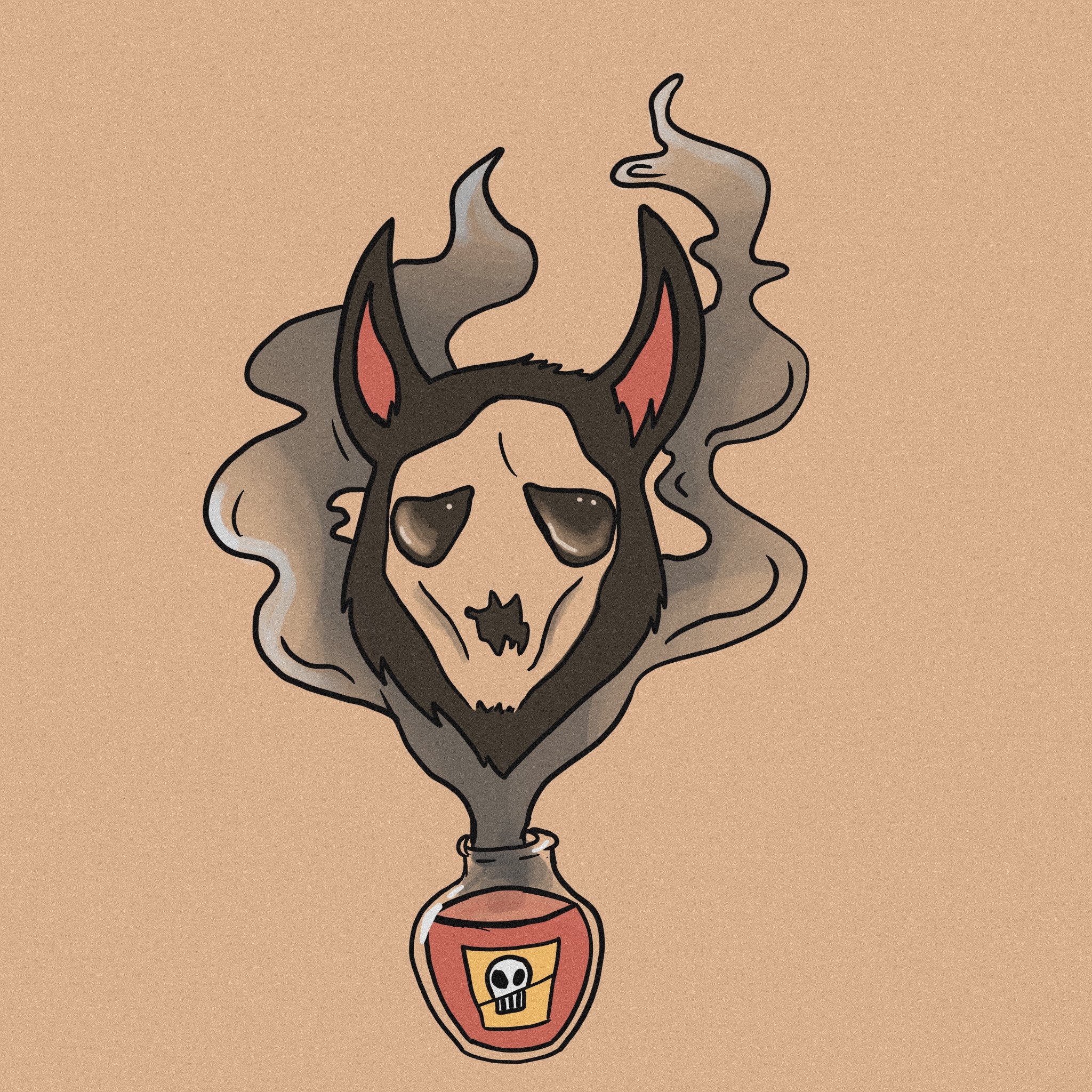Illustration of a llama skull with smoke emanating from a potion bottle featuring a skull symbol, against a beige background. Homage to the Emperor's New Groove.