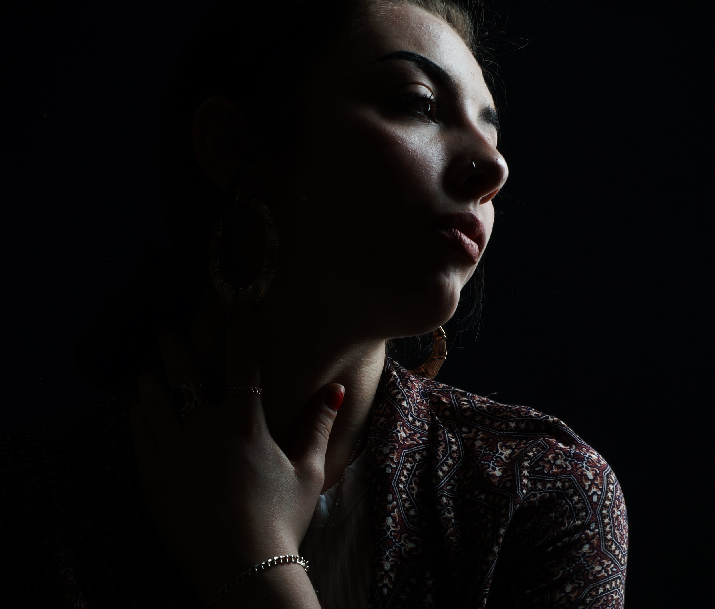 Silhouette of a person with earrings looking to the side in low light.