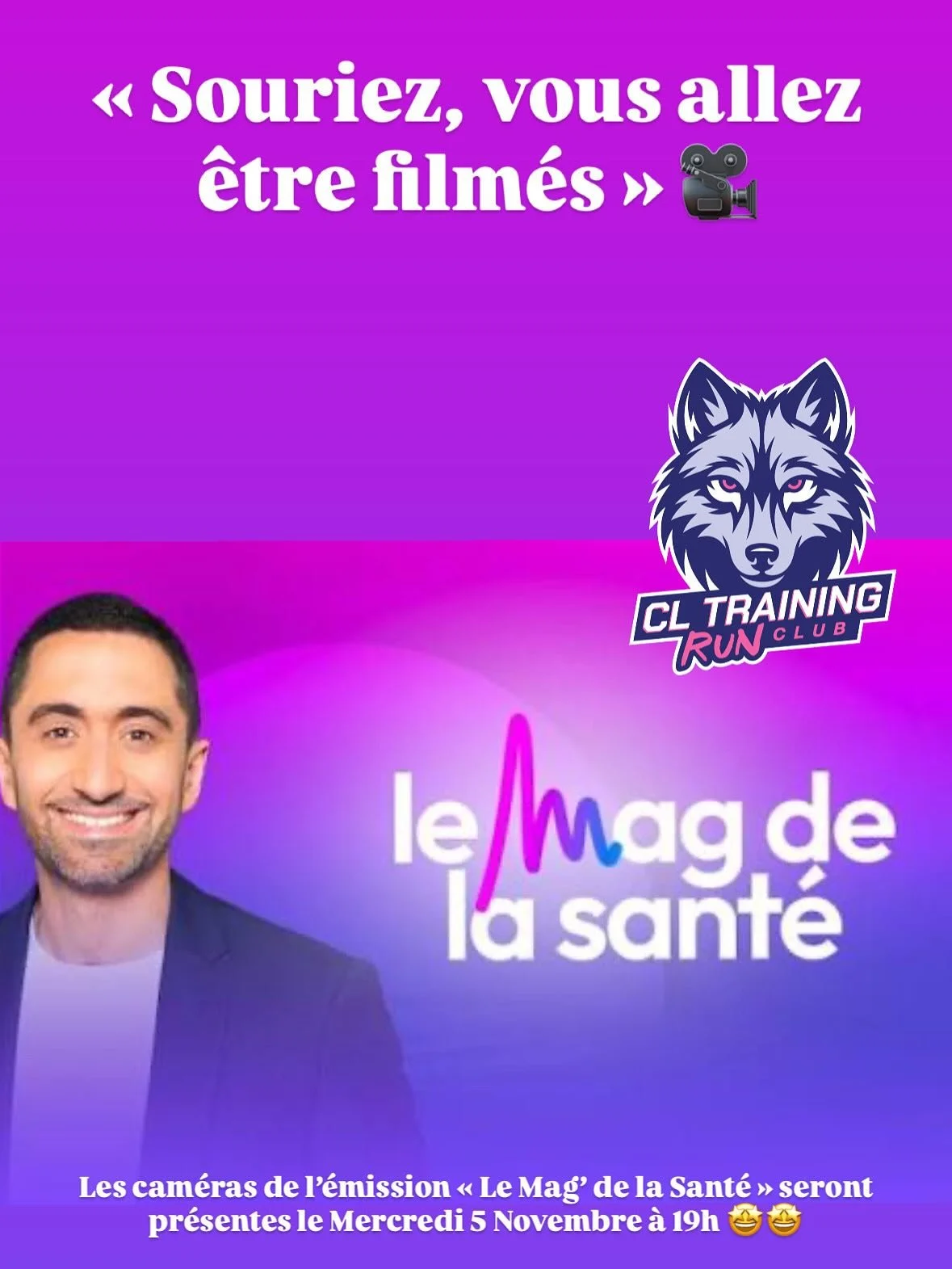 &laquo;&nbsp;Souriez, vous allez &ecirc;tre film&eacute;s&nbsp;&raquo; 🎥 

Le RunClub CLTraining va &ecirc;tre mis &agrave; l&rsquo;honneur gr&acirc;ce &agrave; vous pour un reportage dans Le mag&rsquo; de la Sant&eacute; sur France 5 ! 

Et si pour