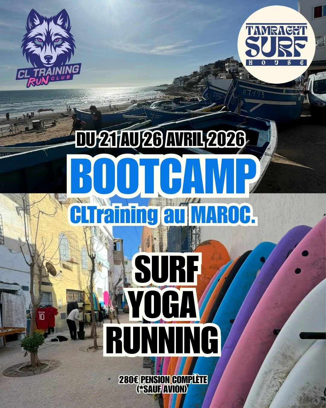 BOOTCAMP CLTraining au Maroc 🇲🇦 🐺

Du 21 avril au 26 avril 2026 📅 

Tu veux passer quelques jours sportifs avec la Team CLTraining , inscrits-toi des maintenant ! 

Tarif du s&eacute;jour pension compl&egrave;te + activit&eacute;s sportives : 280