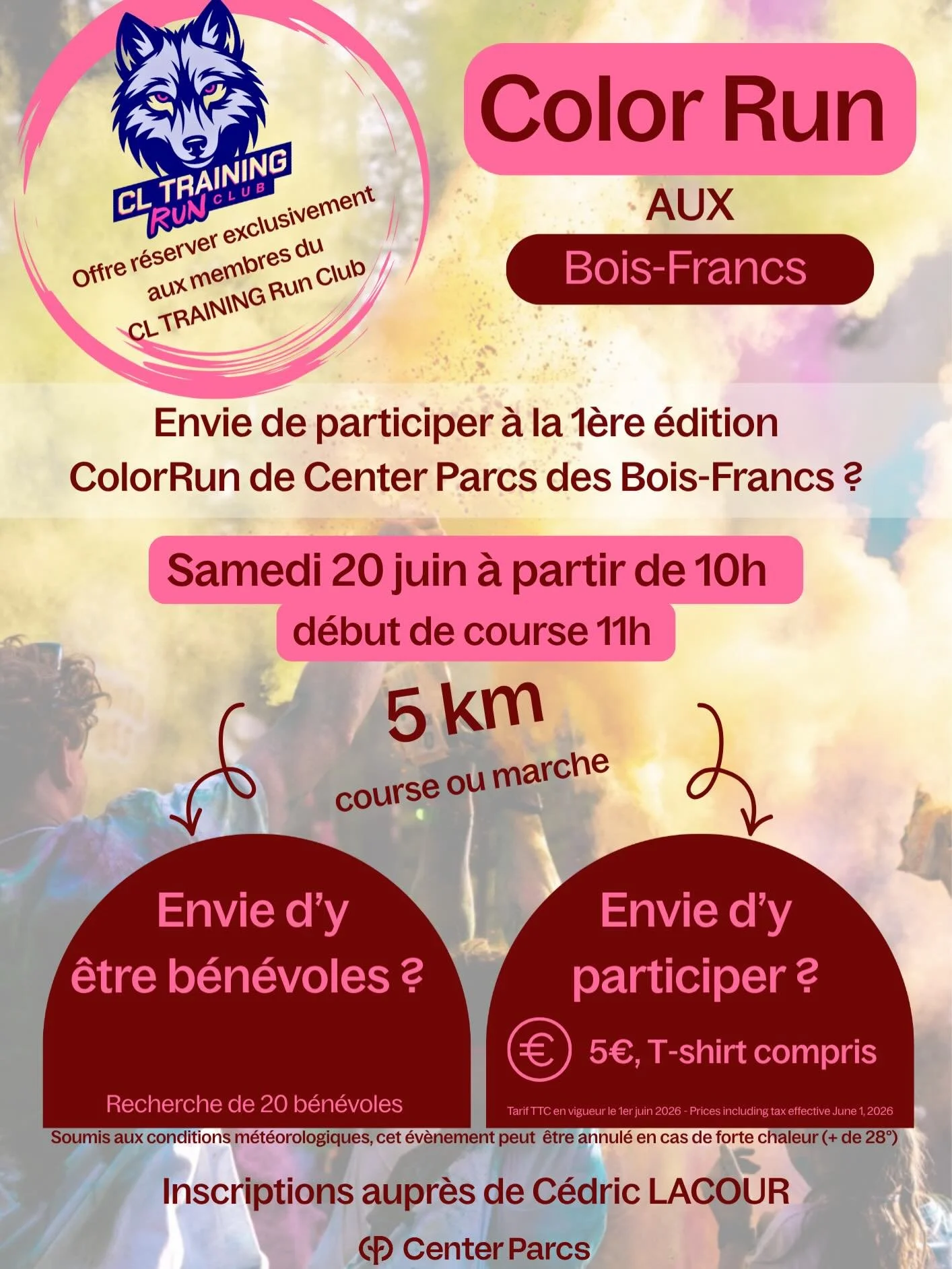 Le RUNCLUB en partenariat avec Center-Parc, vous proposes le 1er ColorRun du Parc 🌈 🚶 🏃 

5km de marche ou de course &agrave; travers Center-Parc avec des jeter de poudre de couleurs 🎨 

L&rsquo;occasion pour nos Runneurs de se retrouver en cette