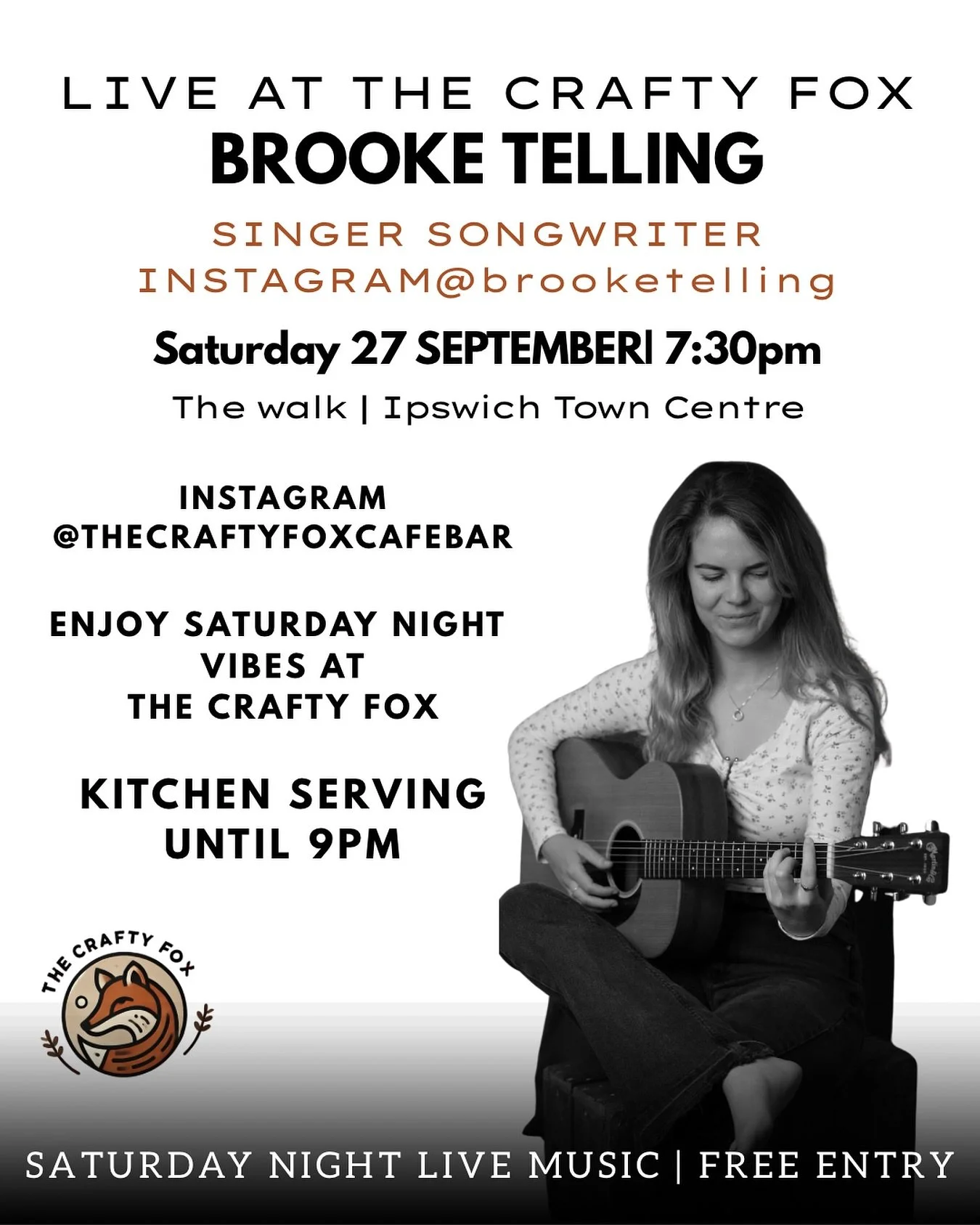 ✨ Live music this Saturday night at The Crafty Fox! ✨

We&rsquo;re welcoming the incredible singer-songwriter Brooke Telling 🎶

📅 Saturday 27th September
🕢 7:30pm start
📍 The Walk, Ipswich Town Centre

Our kitchen will be serving until 9PM &mdash