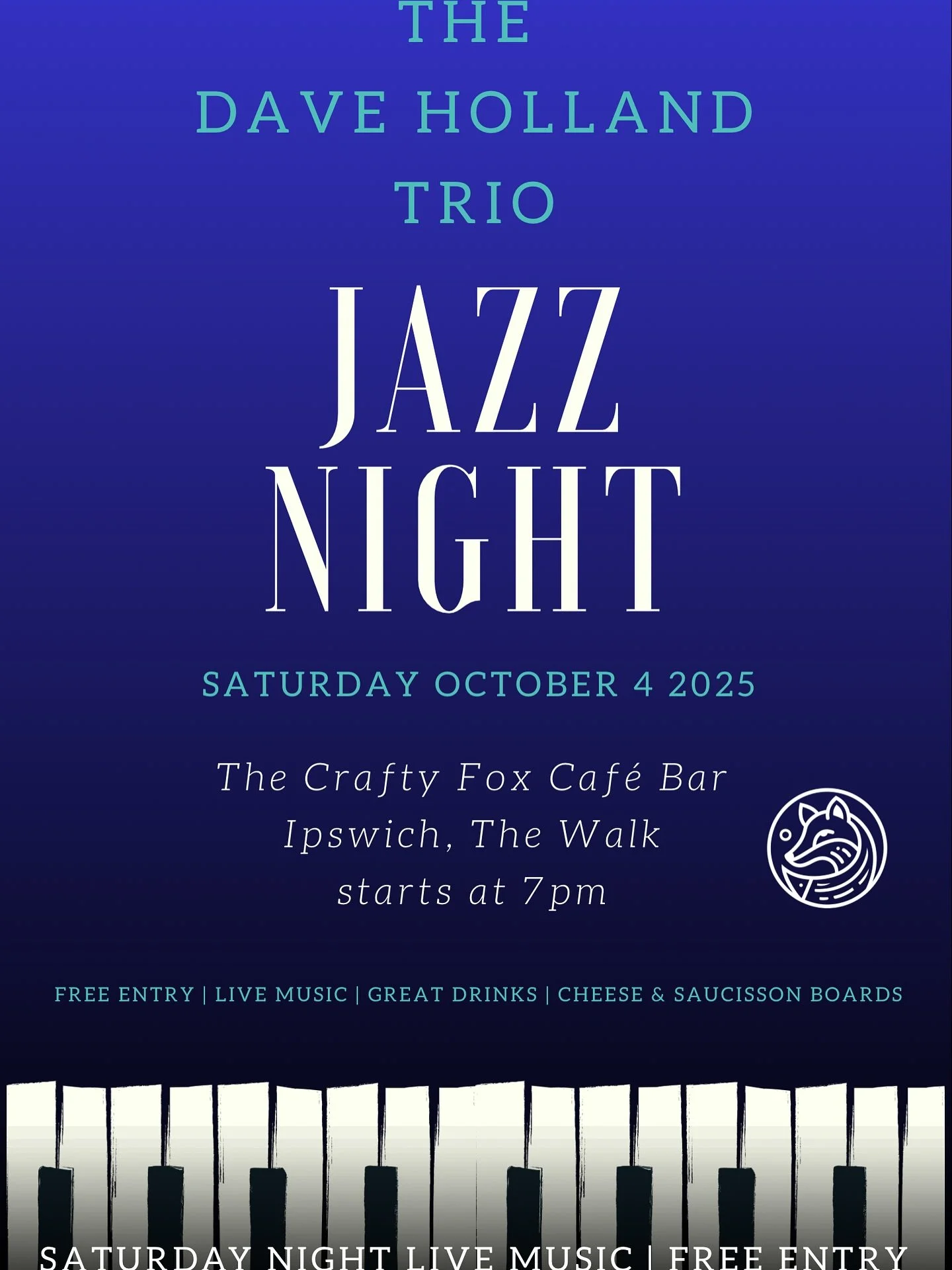 ✨ Live Jazz at The Crafty Fox ✨

We&rsquo;re delighted to welcome The Dave Holland Trio for an evening of smooth, soulful jazz.

📅 Saturday 4th October
⏰ Music from 7pm
📍 The Walk, Ipswich

Enjoy a night of live music, great drinks, and cheese &amp