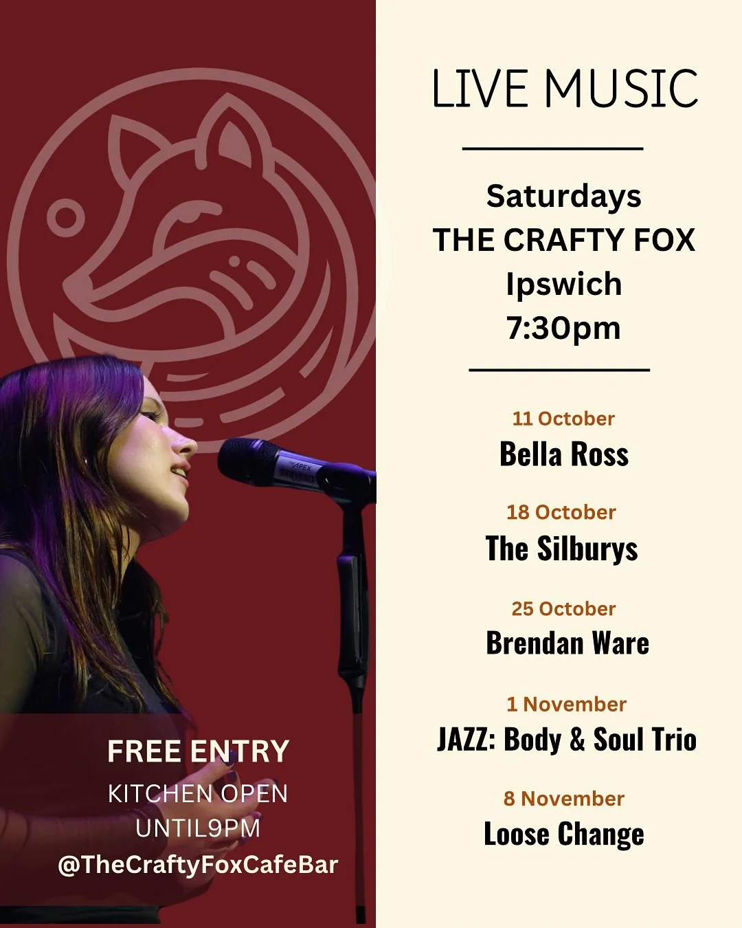 🎶 Saturday nights at The Crafty Fox just got even better.

Join us for live music every Saturday from 7:30pm &mdash; local talent, relaxed vibes, great food, and craft drinks in the heart of Ipswich.

✨ October&ndash;November lineup:
11 Oct &mdash; 