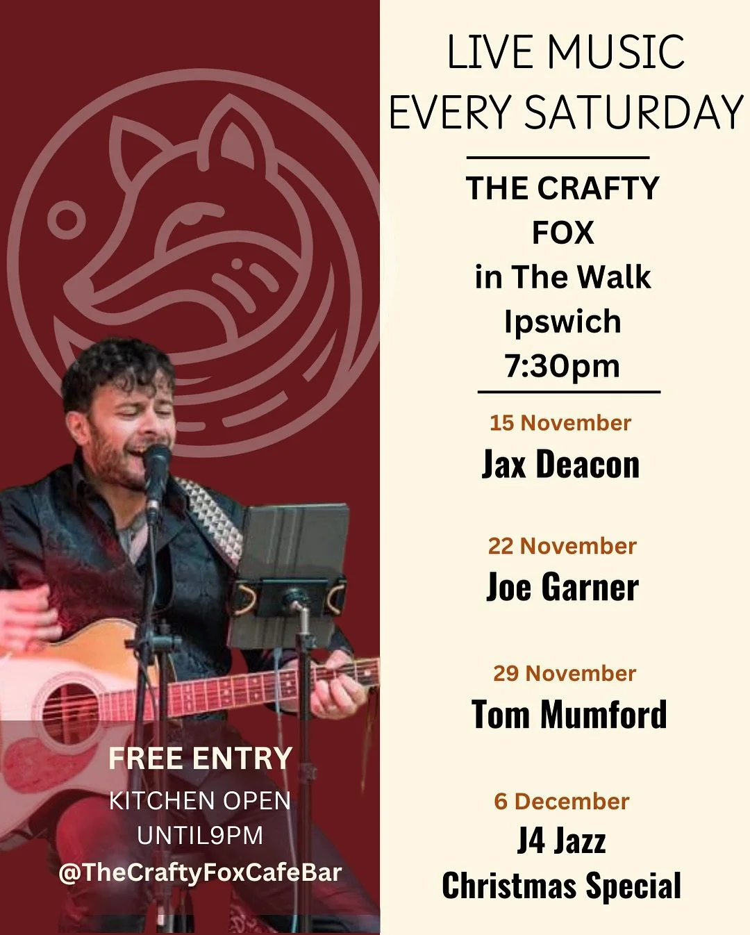 From soulful acoustic sets to festive jazz vibes &mdash; every Saturday night brings something new to The Walk, Ipswich.

Enjoy local talent, relaxed vibes, and great food straight from our kitchen (open until 9PM).

✨ Free entry. Great music. Good c