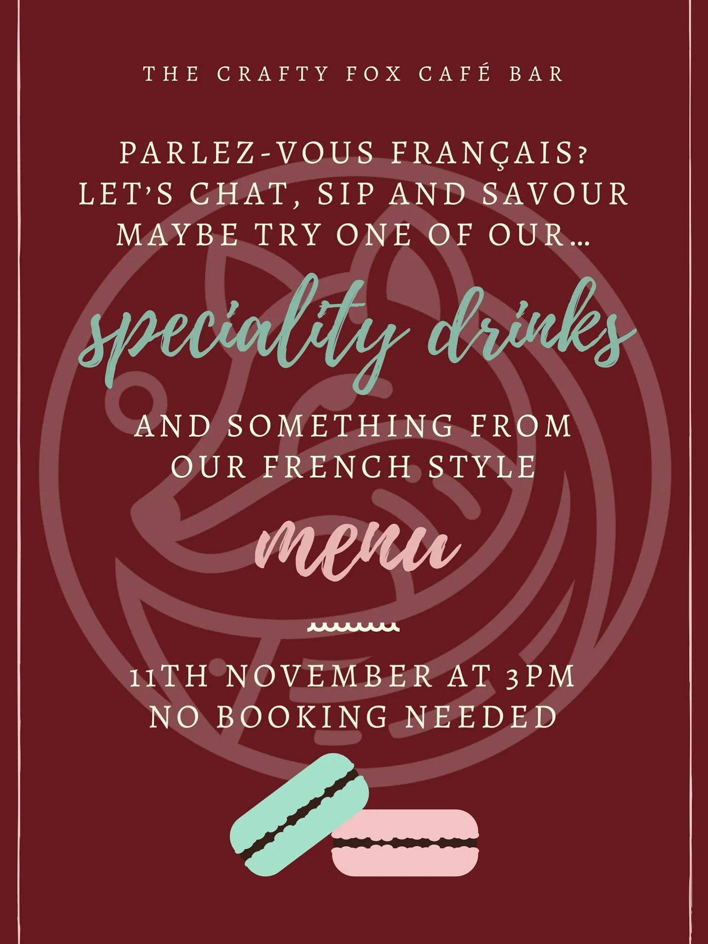 Fancy practicing your fran&ccedil;ais over coffee &amp; maybe some french inspired food? 

We have a native French speaker to guide us along our way - suitable for beginners to those who are proficient! 

Oui? Then we&rsquo;ll see you on 11th Novembe