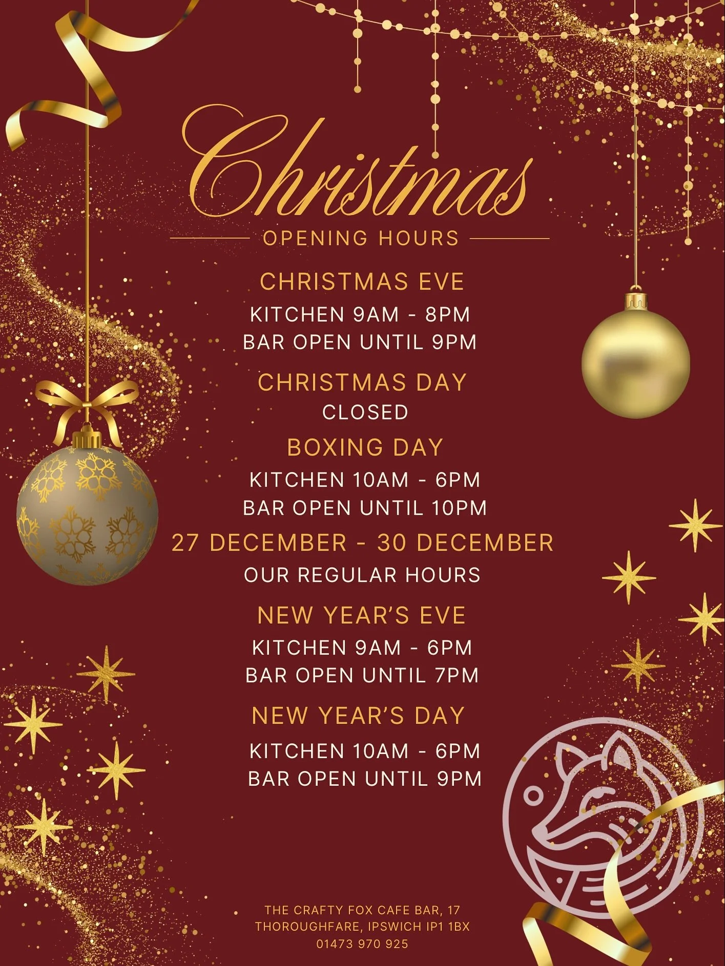 ✨ Christmas at The Crafty Fox ✨

Our festive hours and December entertainment are here!

From cosy jazz nights to Christmas specials and New Year celebrations, we&rsquo;re ready to make this season magical.

🎄 Save these dates
🍷 Join us for festive