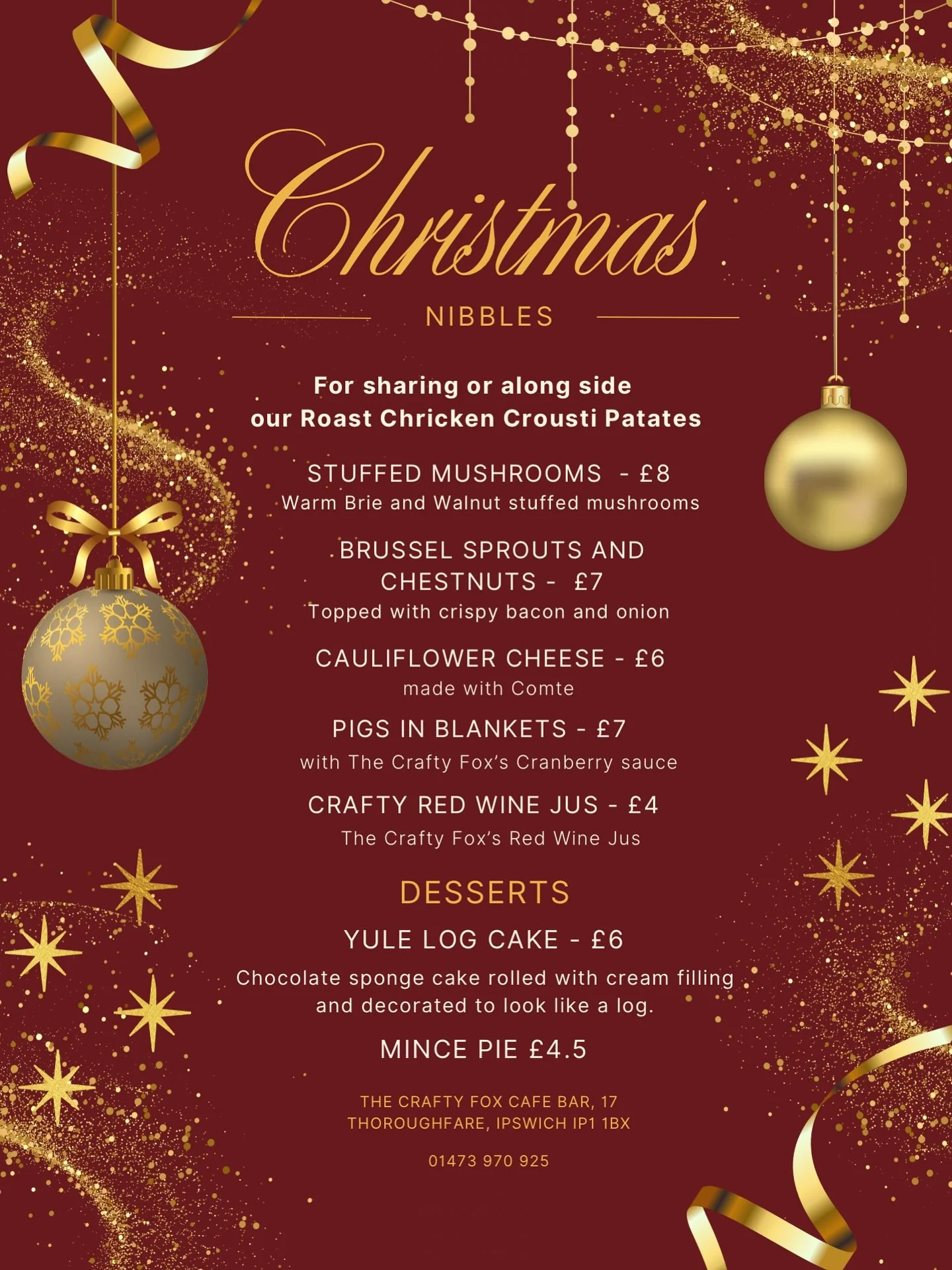 Christmas has officially arrived at The Crafty Fox 🎄✨

Our festive nibbles menu is here &mdash; perfect for sharing, pairing, and getting into the holiday spirit.

From warm Brie-stuffed mushrooms to Pigs in Blankets with our house cranberry sauce&h