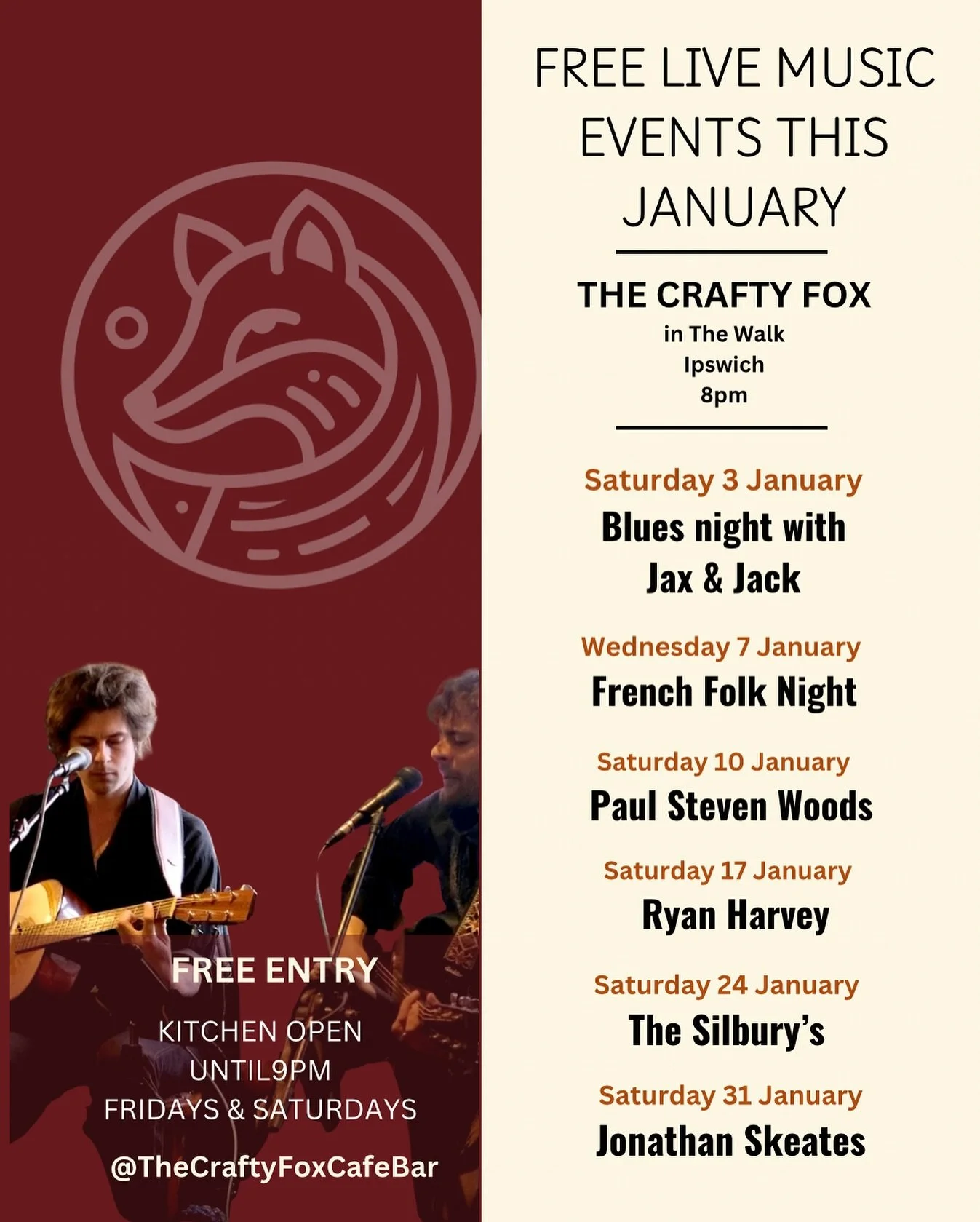 Free live music is back at The Crafty Fox this January 🎶

Live music starts at 8pm 

Blues, folk, French sounds and local favourites &mdash; all with free entry, a cosy atmosphere, and the kitchen open until 9pm on Fridays &amp; Saturdays.

Save thi