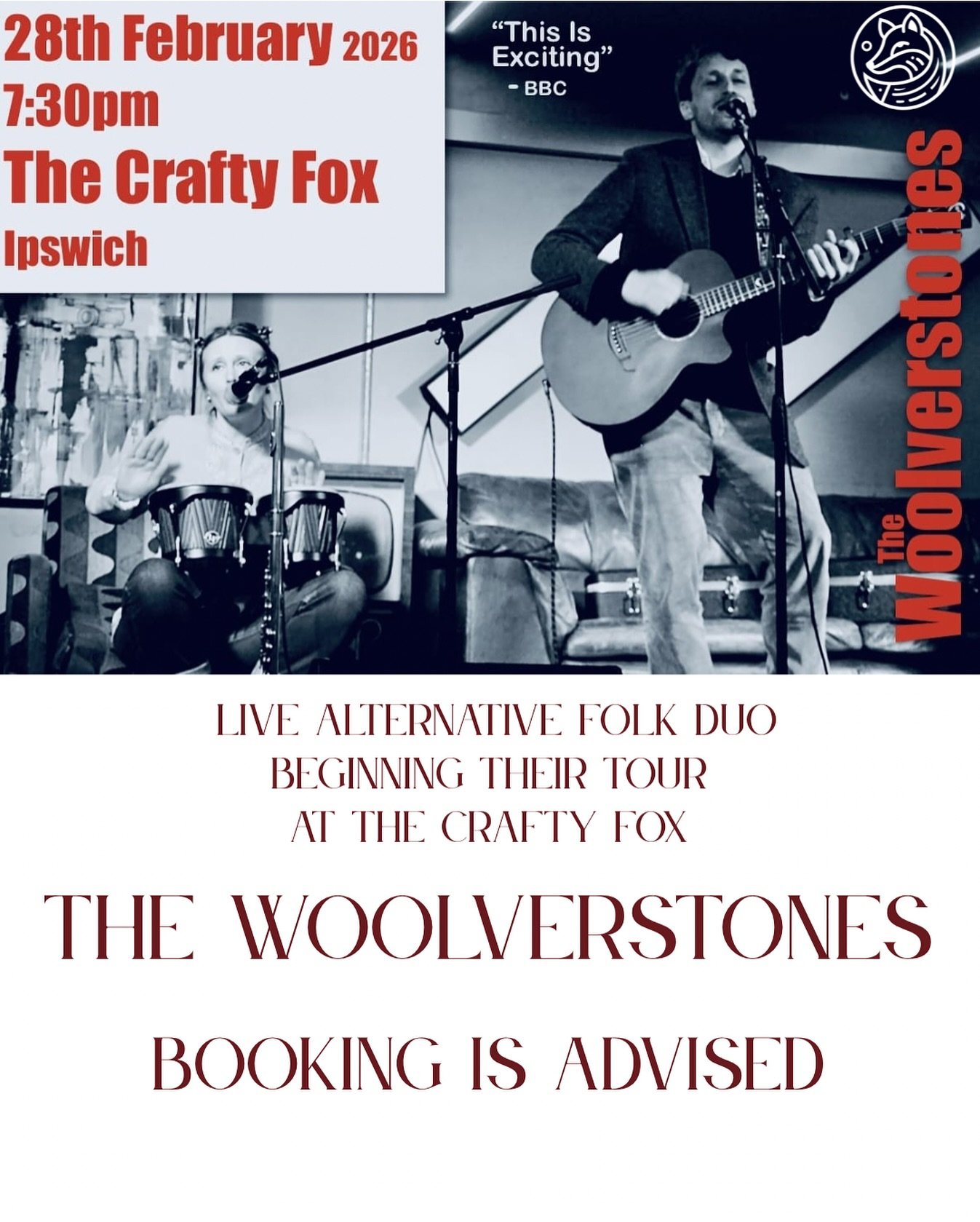 The Crafty Fox is all about live music done properly.

We&rsquo;re delighted to welcome alternative folk duo The Woolverstones, beginning their tour with us on Saturday 28th February, from 7:30pm.

Expect thoughtful songwriting, rich harmonies, and a