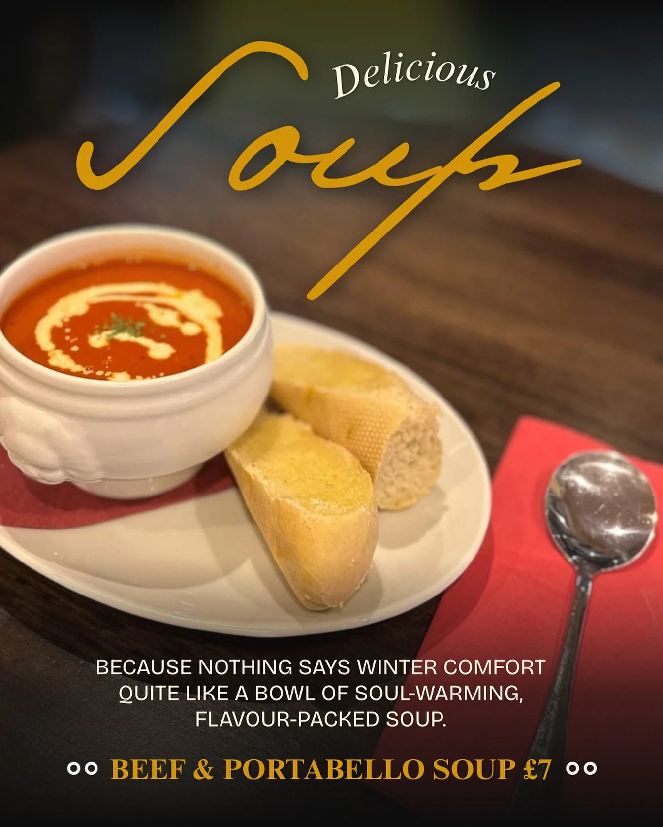 There&rsquo;s something very French about a good bowl of soup.

Slow-cooked, flavour-packed and perfect for colder days.

Today&rsquo;s soupe du jour:
Beef &amp; Portobello Mushroom &mdash; &pound;7

When it&rsquo;s gone, it&rsquo;s gone.

#IpswichEa