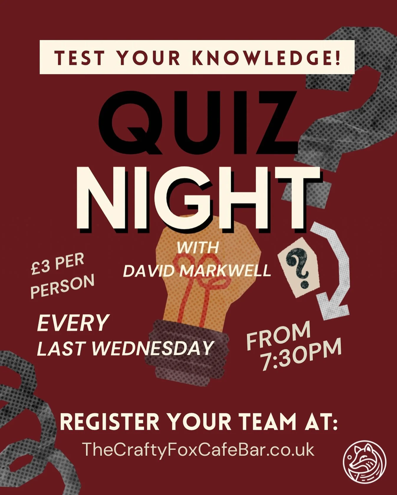 Test your knowledge, enjoy a drink, and settle in for a great evening at The Crafty Fox.

Our monthly Quiz Night, hosted by David Markwell, takes place on the last Wednesday of every month from 7:30pm.

&pound;3 per person

Drinks flowing, prizes to 