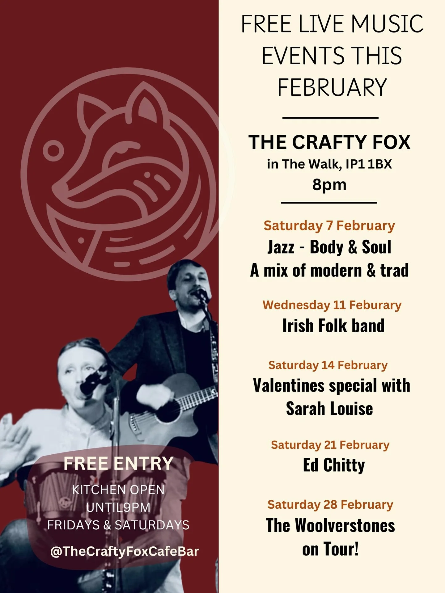 🎶 Free Live Music at The Crafty Fox &ndash; February Line-Up 🎶

Join us in The Walk for a month of live jazz, folk &amp; soul, every week, completely free entry.

🍷 Drinks flowing
🍽 Kitchen open until 9pm Fridays &amp; Saturdays 
🎤 Local &amp; t