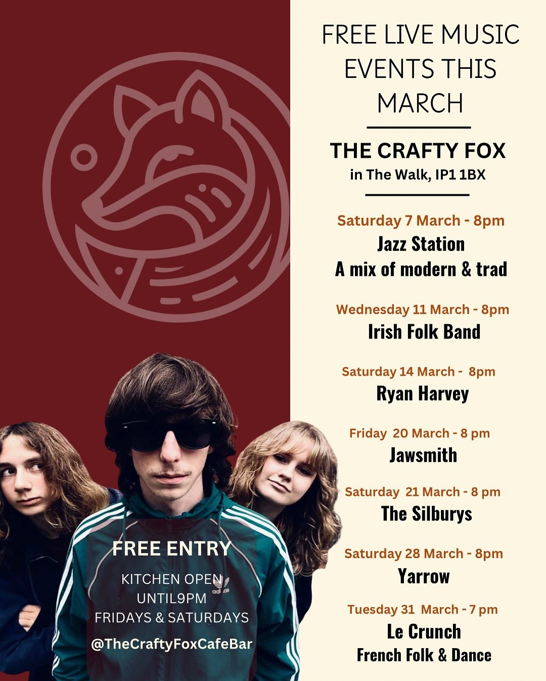 Live music this March at The Crafty Fox

From modern &amp; traditional jazz to Irish folk, country rock, alternative classics and a touch of Breton France &mdash; our March live music programme is here.

Every event is free entry.

Kitchen open late 