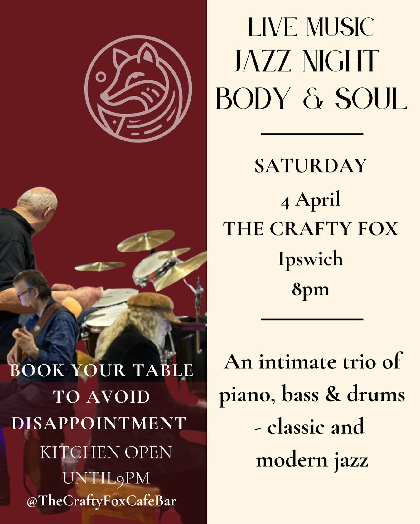 Live jazz, softly played.

An evening to settle into&hellip;

Join us this Saturday for Body &amp; Soul &mdash; an intimate trio of piano, bass and drums, moving between classic and modern jazz.

Fine wine poured, candles lit and a night of upbeat ja