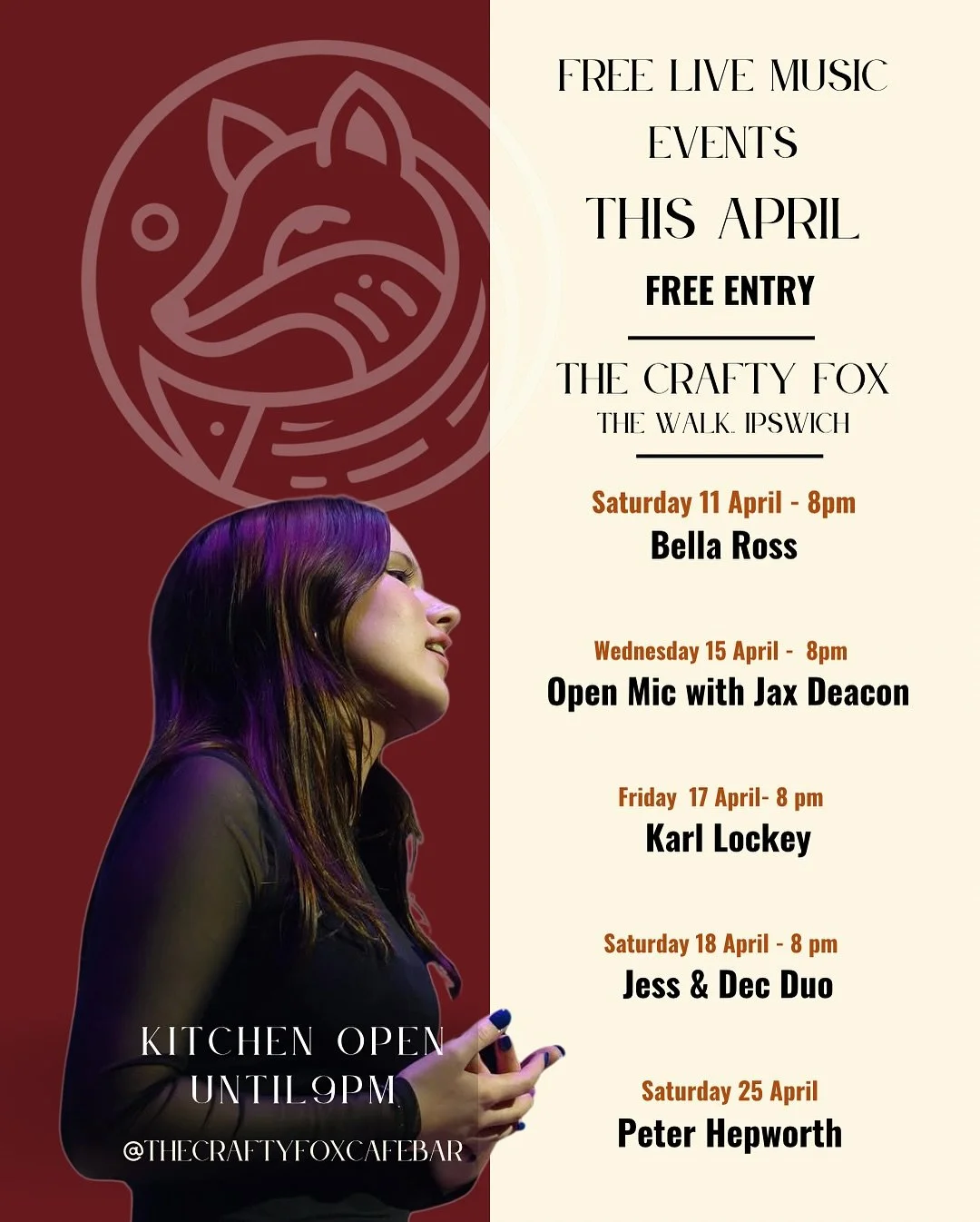 April at The Crafty Fox is all about live music.

From intimate acoustic sets to lively midweek open mic nights and high-energy evenings &mdash; there&rsquo;s something happening every week.

Free entry, great food, and a room that always fills with 