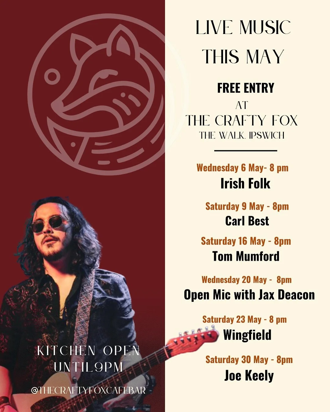 Your May evenings, sorted.

Live music returns to The Crafty Fox &mdash; from intimate acoustic sets to lively Saturday nights.

Whether it&rsquo;s a glass of cr&eacute;mant, a pint of something exceptional, one of our speciality drinks or just great