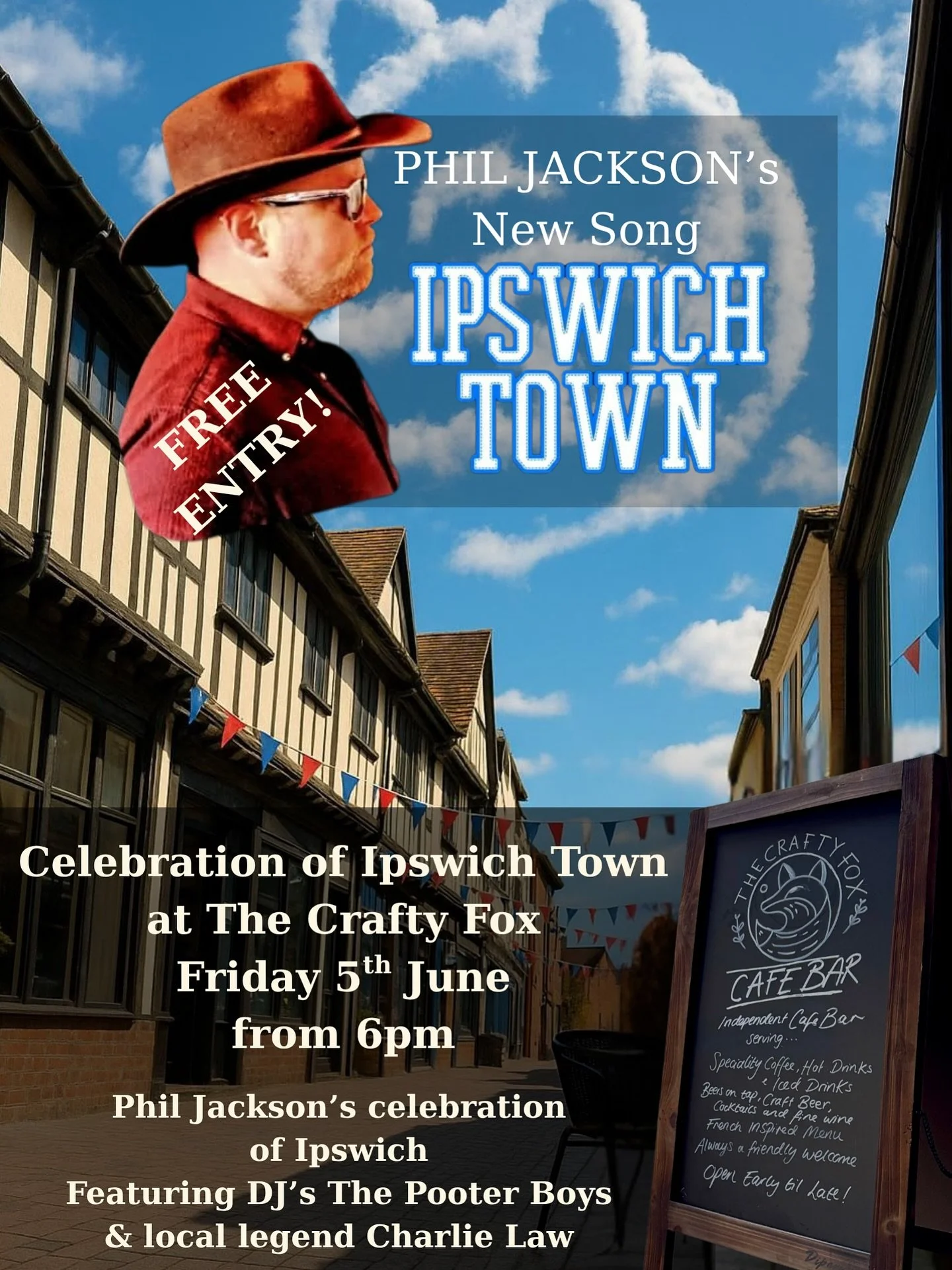 A celebration of Ipswich Town.

On Friday 5th June, The Crafty Fox welcomes Phil Jackson for the launch of his new song Ipswich Town &mdash; alongside music, DJs and familiar local faces for an evening celebrating the town we call home.

There will b