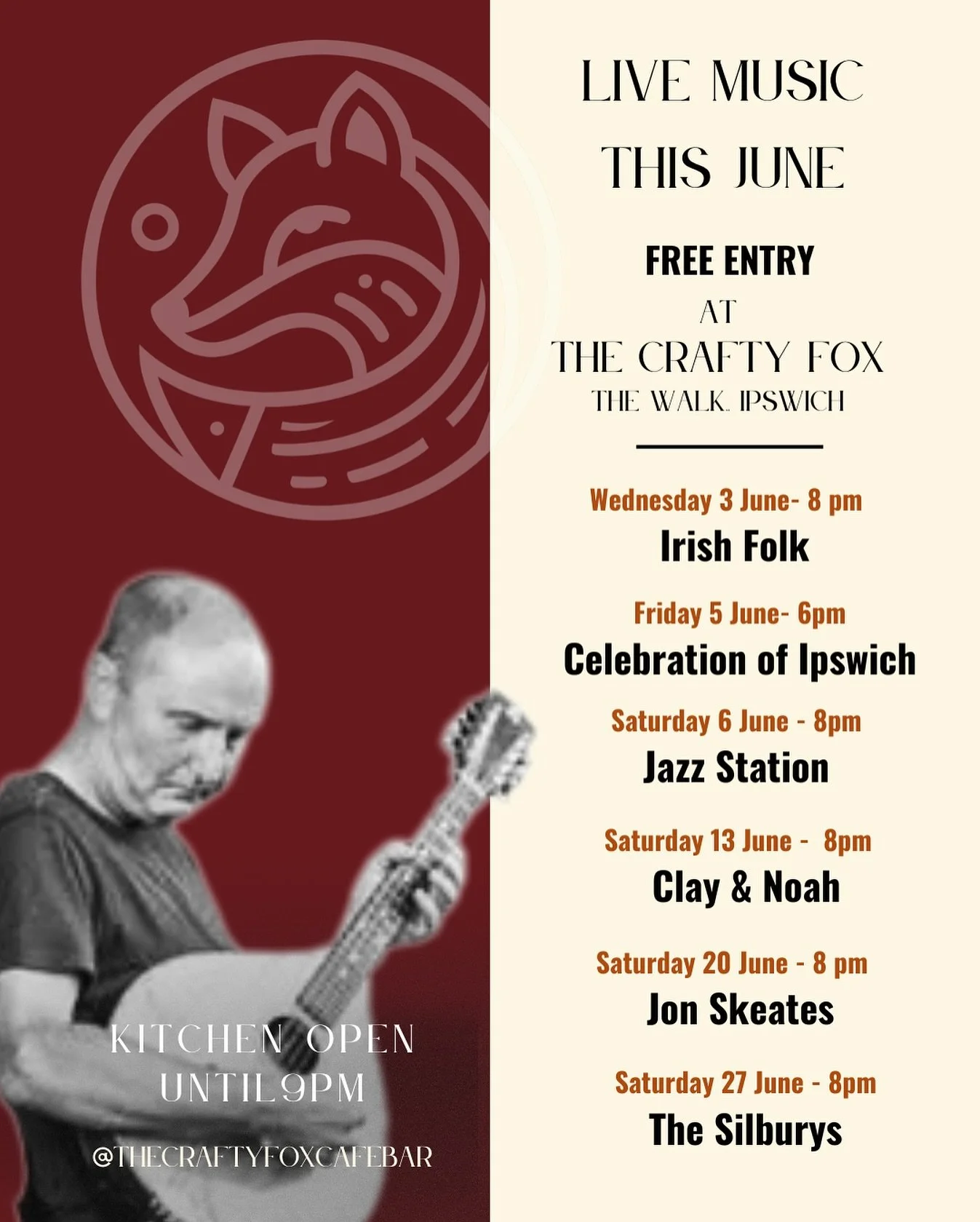 Summer evenings at The Crafty Fox.

Settle in with a glass of wine, a cocktail, or dinner from our evening menu while enjoying a month of live music from talented local performers.

Free entry. Every week. Right here in The Walk.

Which night will yo