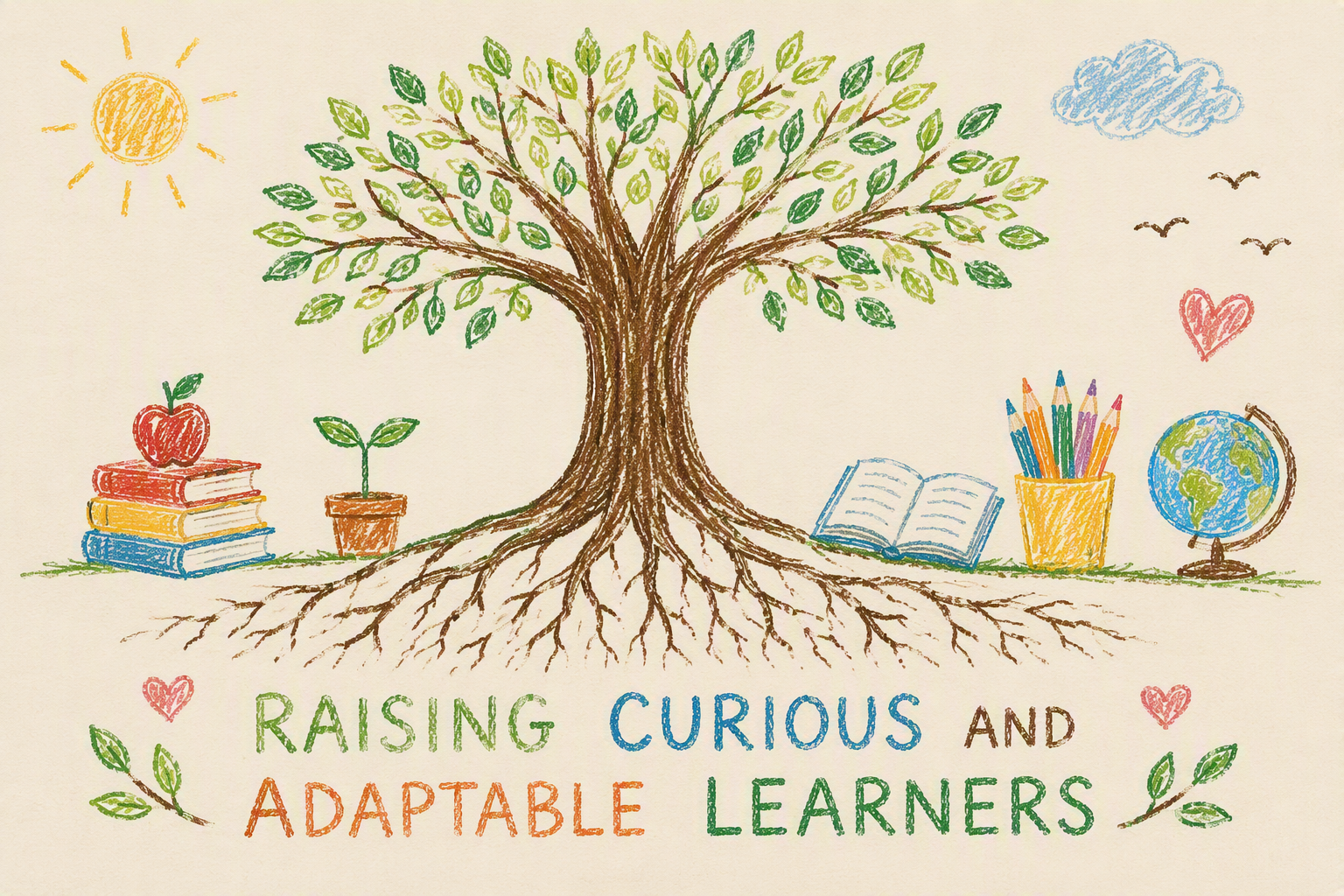 Colorful drawing of a large tree with leaves, surrounded by educational items such as books, a small plant, a globe, a cup of colored pencils, and a heart, with the phrase "Raising Curious and Adaptable Learners" written at the bottom.