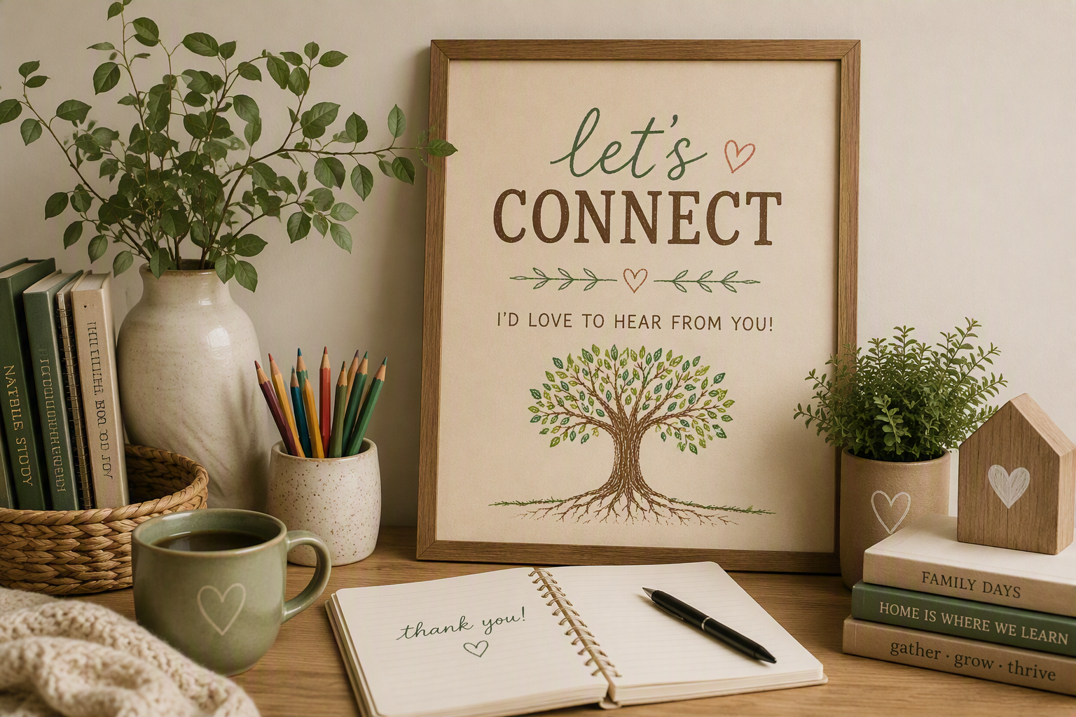 A cozy workspace with a framed sign saying 'let's connect, I'd love to hear from you!', a potted plant, books, colored pencils, a mug of coffee with a heart, an open thank you note, a pen, and small decorative items including a house-shaped ornament, all arranged on a wooden desk.