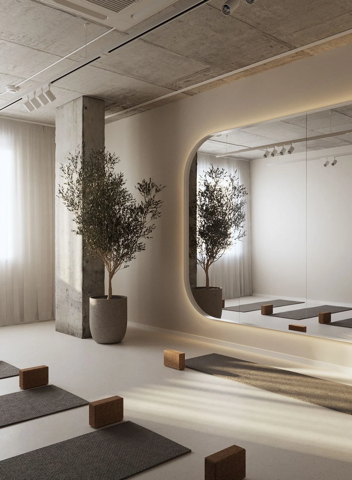 Minimalist and modern pilates, yoga, meditation studio in Dubai, UAE with potted trees, mats, and wooden blocks, mirrored wall with soft lighting.