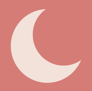 A white crescent moon on a peach background.