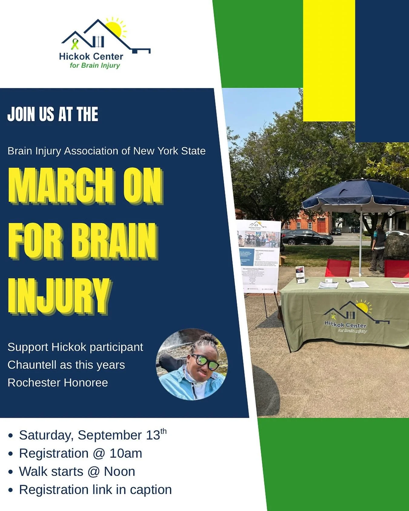 Find our table THIS SATURDAY at the
MARCH ON FOR BRAIN INJURY walk! This years honoree is Chauntell, who also happens to be a Hickok Center participant. We are so excited to represent the Hickok Center and honor Chauntell, we hope to see you there!!!