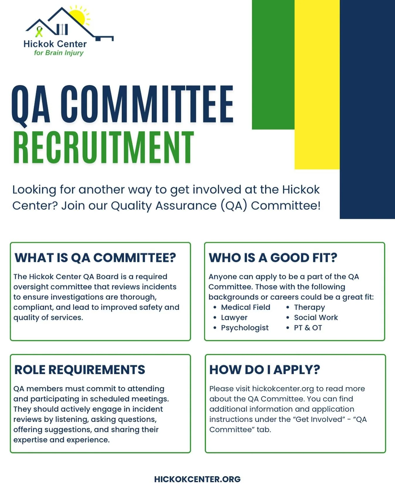 ‼️ Quality Assurance Committee Recruitment ‼️
 
💚Are you looking for a way to get involved in your community or here at the Hickok Center for Brain Injury? Do you have experience in healthcare, law, psychology, human resources, nursing, therapy, soc