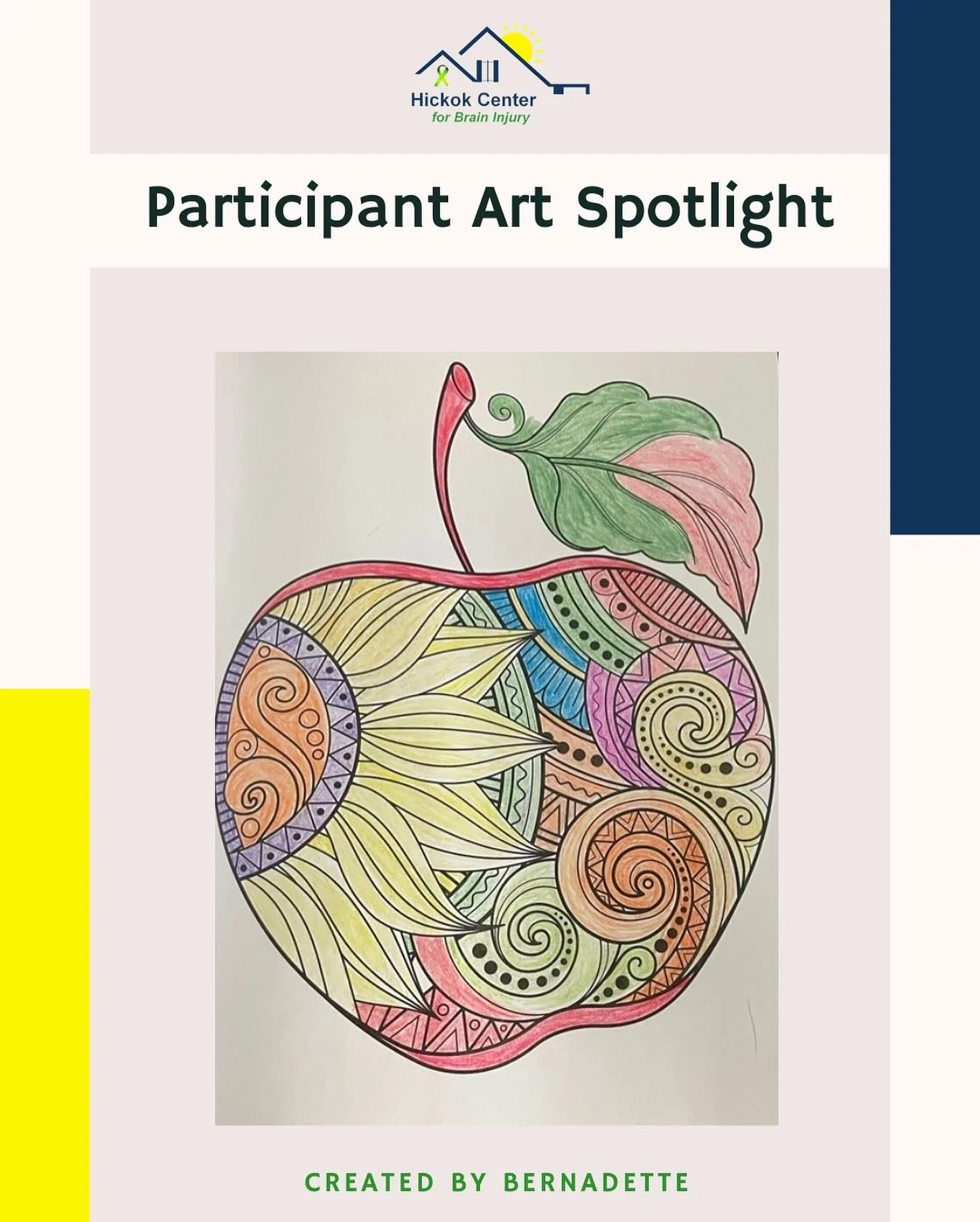 Participant Art Spotlight!! This colorful apple was created by Bernadette today in program! 🍎 🖼️ 🎨