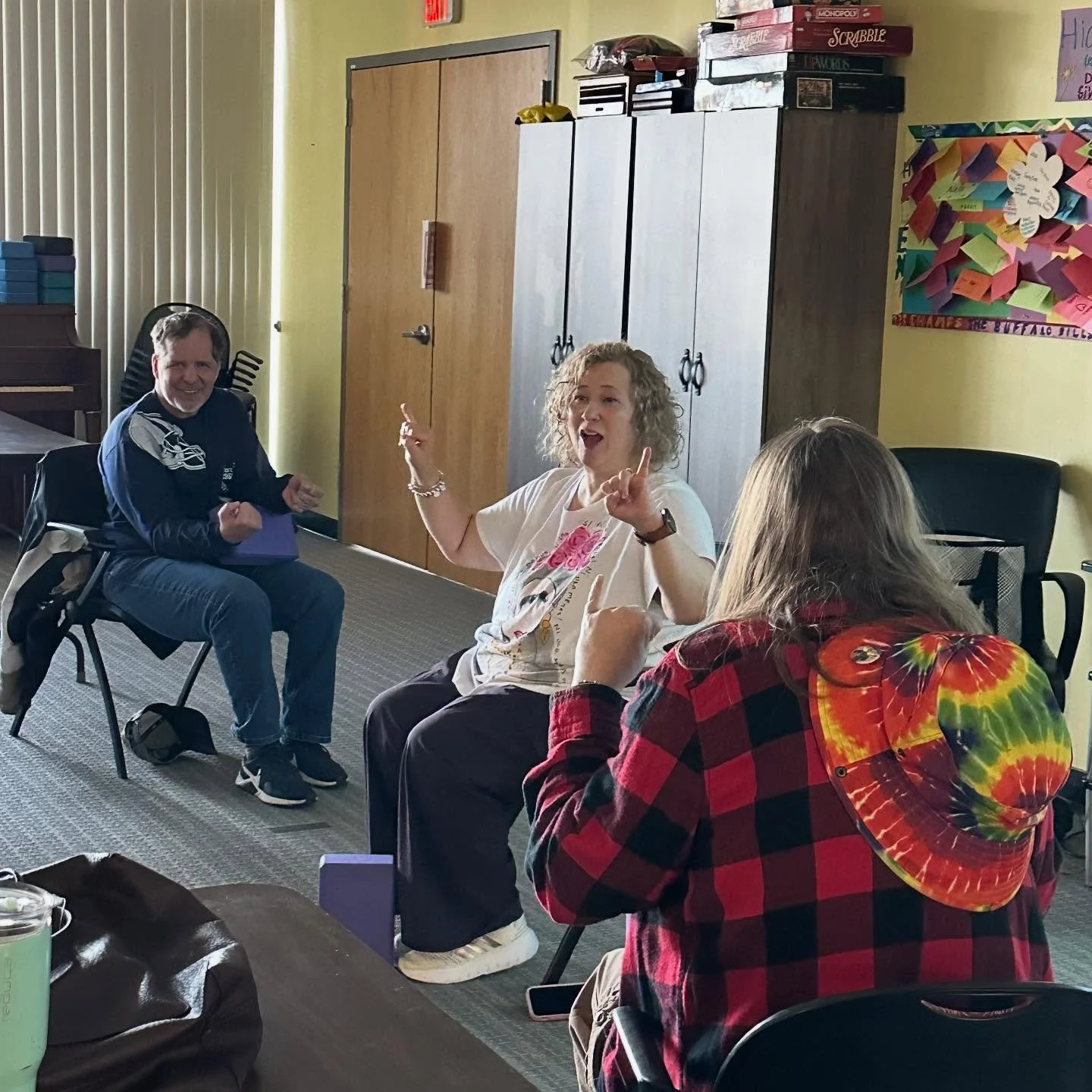 A look into one of our favorite activities: Yoga!!! 🧘 
Barb comes in twice a week and leads adaptive group yoga! All stretches can be tweaked for different skill levels or abilities so everyone and anyone can join in!