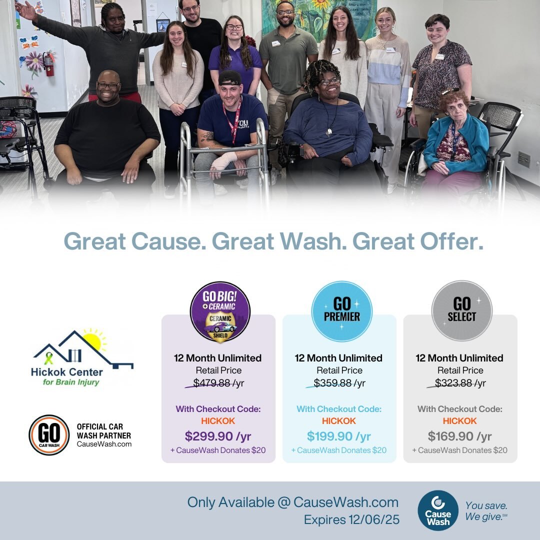Looking to support the Hickok Center for Brain Injury?! Here&rsquo;s a great opportunity to do just that! 
When you purchase a discounted GO Car Wash membership using code HICKOK, you&rsquo;ll not only save big on a year of unlimited washes, but Caus